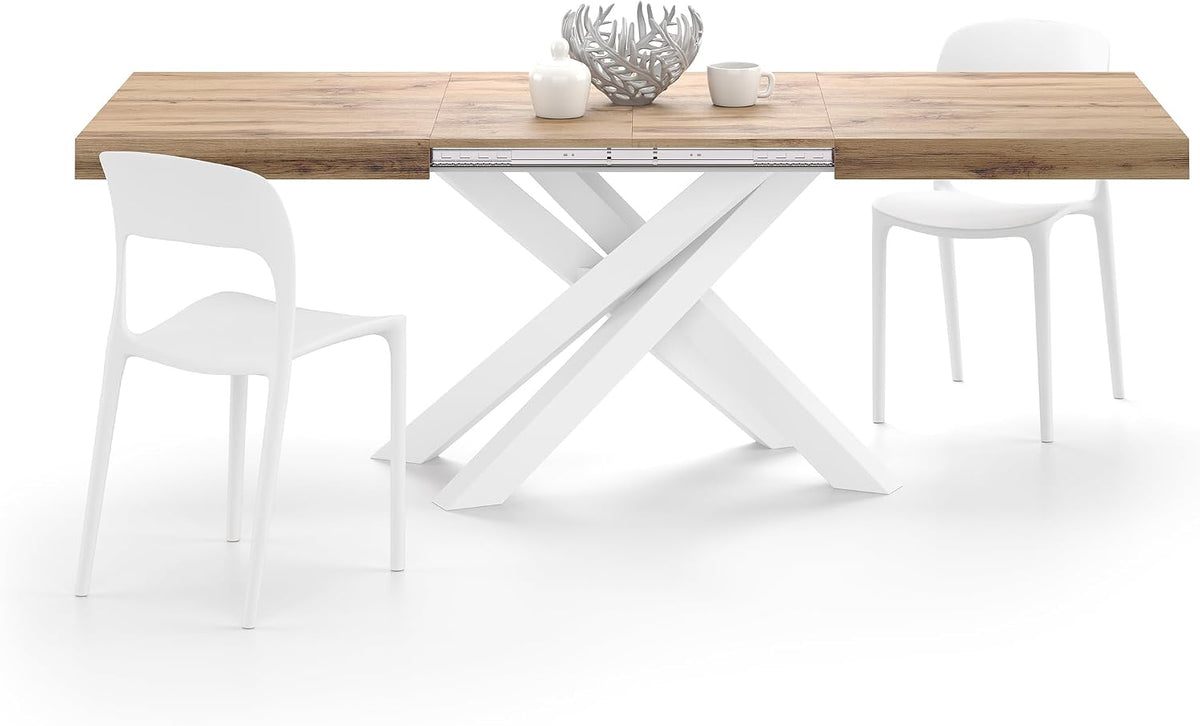 Esstisch Ausziehbarer, Emma 140(220) × 90 cm, Rustikale Eiche mit Weißen gekreuzten Beinen, Made In Italy, MOBILI FIVER