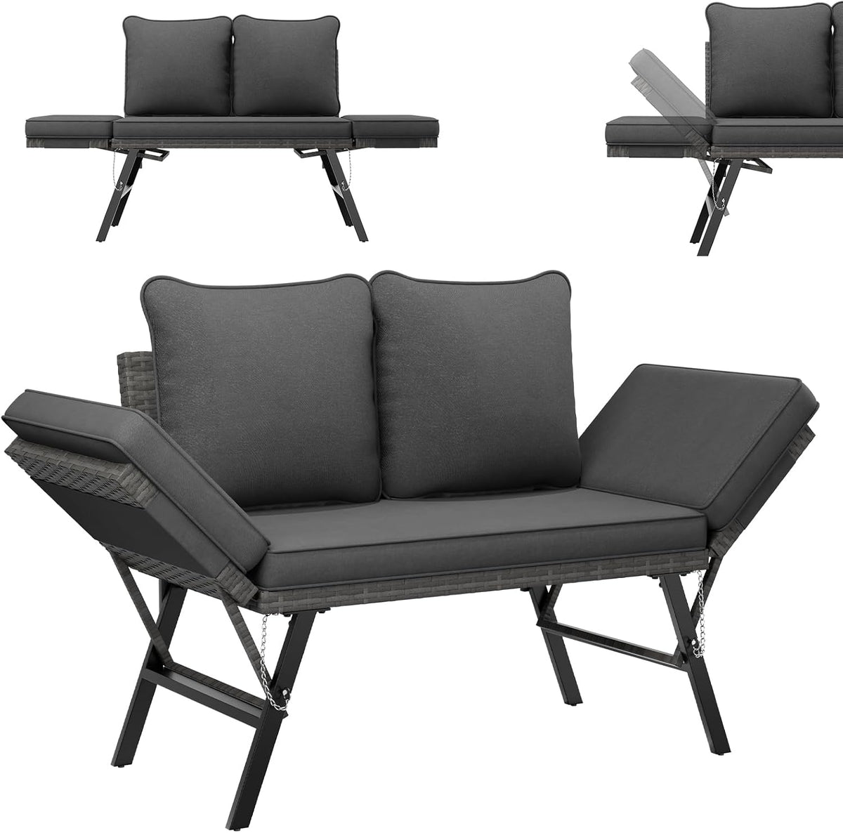 Gartenbank Polyrattan, Wetterfest mit Liegefunktion Balkonsofa 3 in 1 Verstellfunktion mit Extra Dicke Sitzpolstern & Kissen für Garten