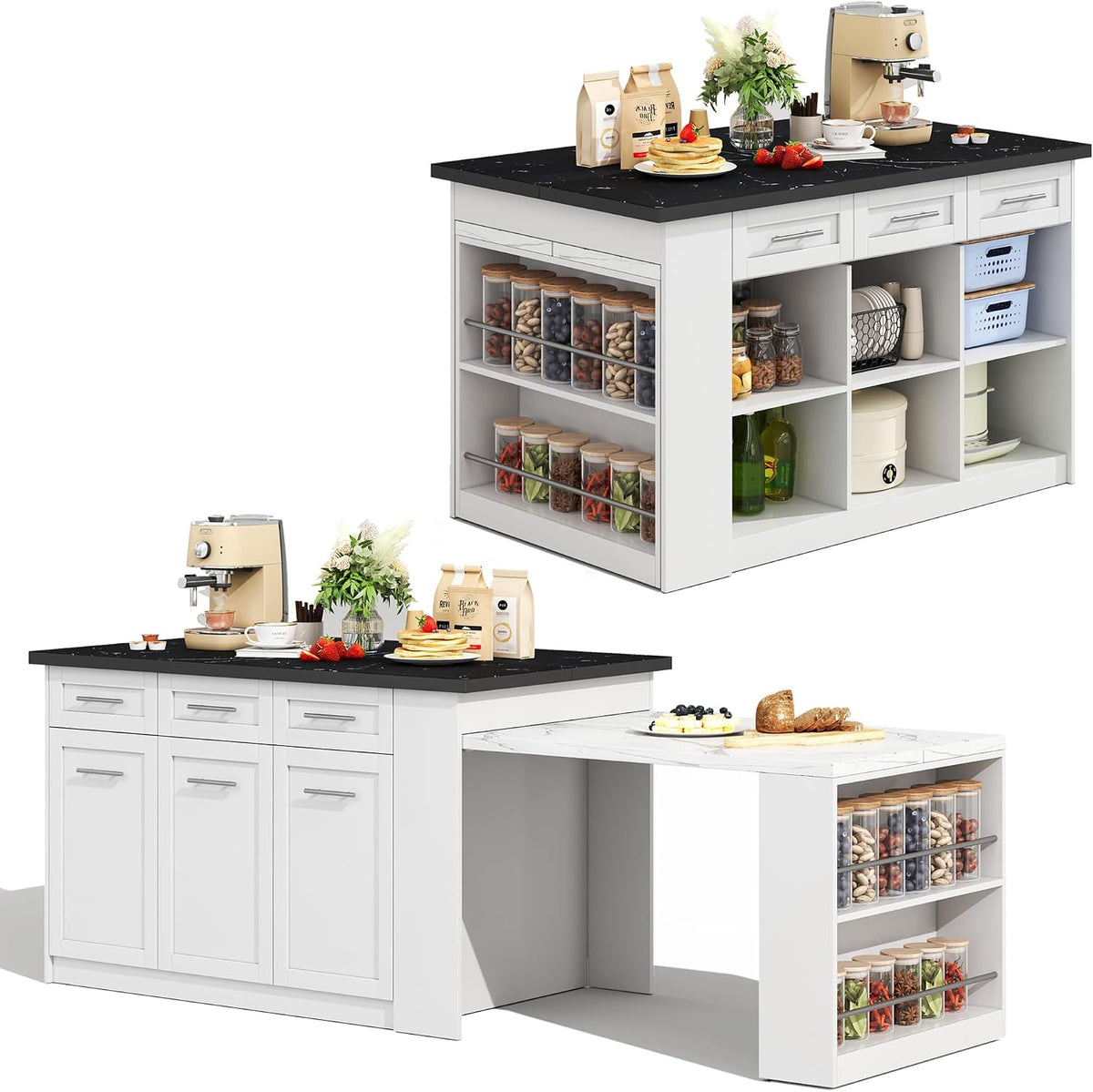Esstisch 150+96cm Multifunktionale Kücheninsel Freistehend Kitchen Island mit Weiß ausziehbarer, Schwarz+weiß marmorierte Holzarbeitsplatte