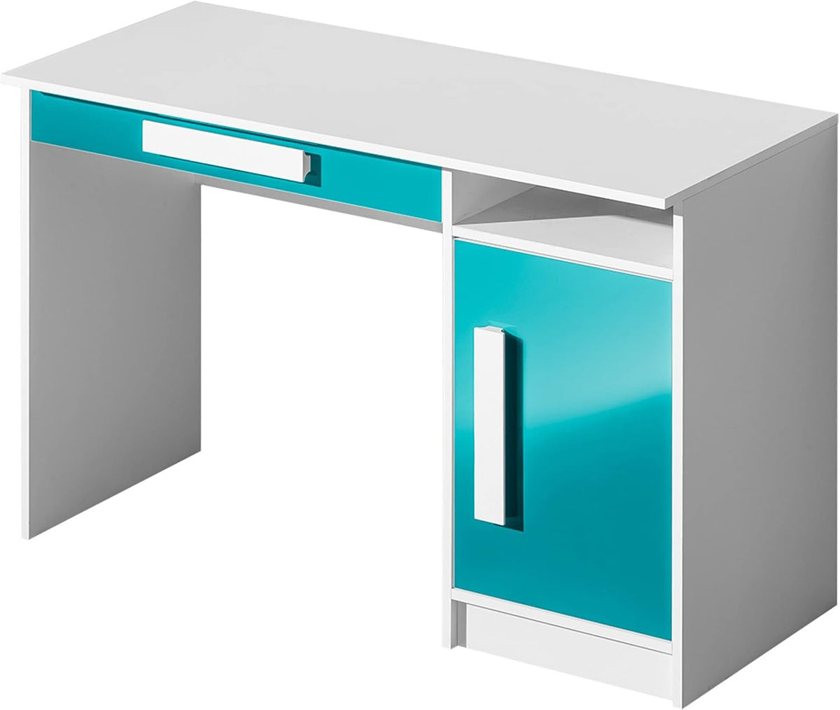 Schreibtisch, Guliver GR09 mit Schublade, Fronten in Hochglanz, Arbeitstisch, PC-Tisch, Computertisch für Jugendzimmer (Weiß/Türkis Hochglanz)