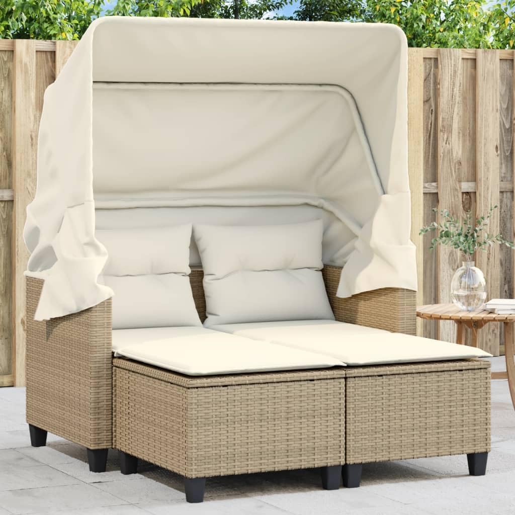 Sofa Garten, 2-Sitzer mit Dach und Hockern Outdoor Sofa Gartenmöbel Garten Lounge Set Terrasse Terrassenmöbel Zweisitzer Beige und Creme Poly Rattan