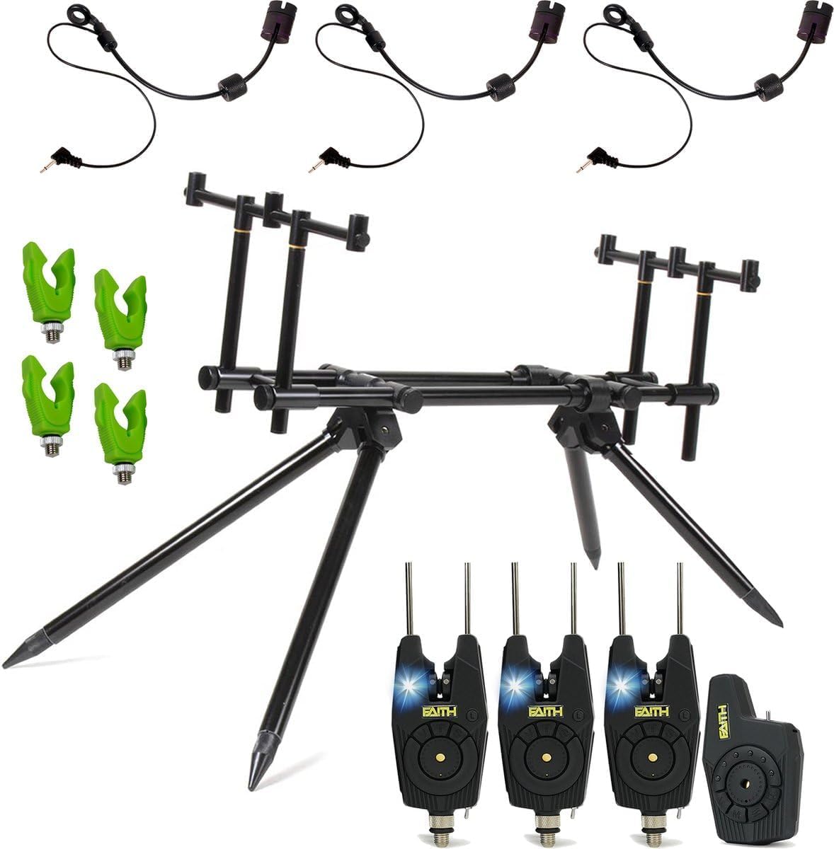 FAITH CARP TACKLE Angelausrüstung, VX3 Rodpod Set Deluxe - Rodpod Karpfen - Set inkl. Bissanzeiger- Karpfenangeln - Hanger
