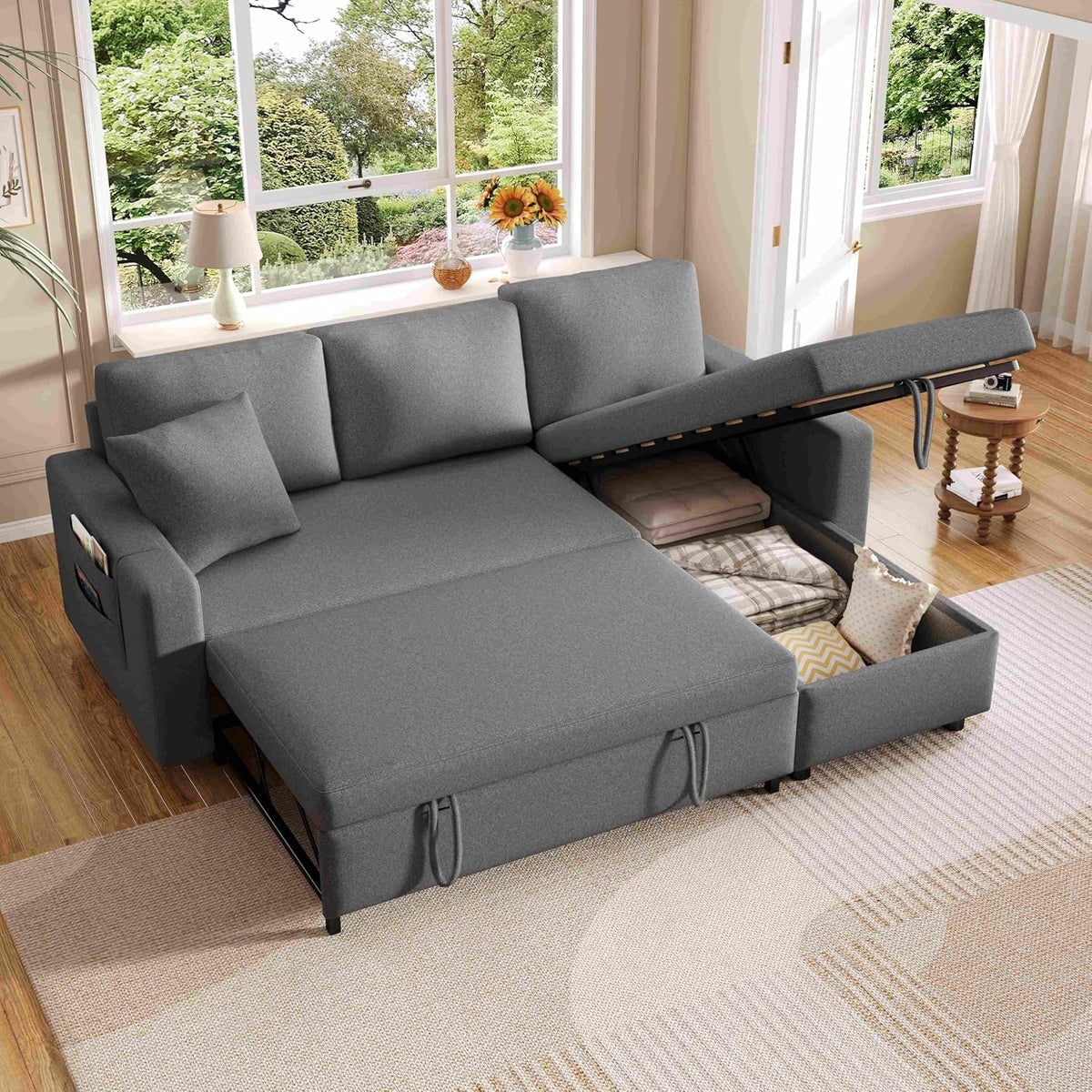 Sofa Schlaf, mit Schlaffunktion, L-förmiges, Sofa-Chaiselongue mit Stauraum, mit Taschenaufbewahrung, Links und Rechts Austauschbare Chaiselongue