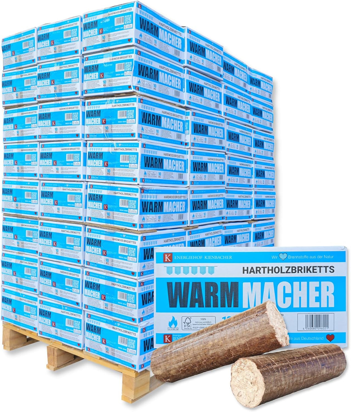 Energie Kienbacher 960kg 96x10kg FSC Nestro Hartholzbriketts Karton Gluthalter Kamin Ofen Brenn Holzbriketts Heiz Grill, Smoker Kohle