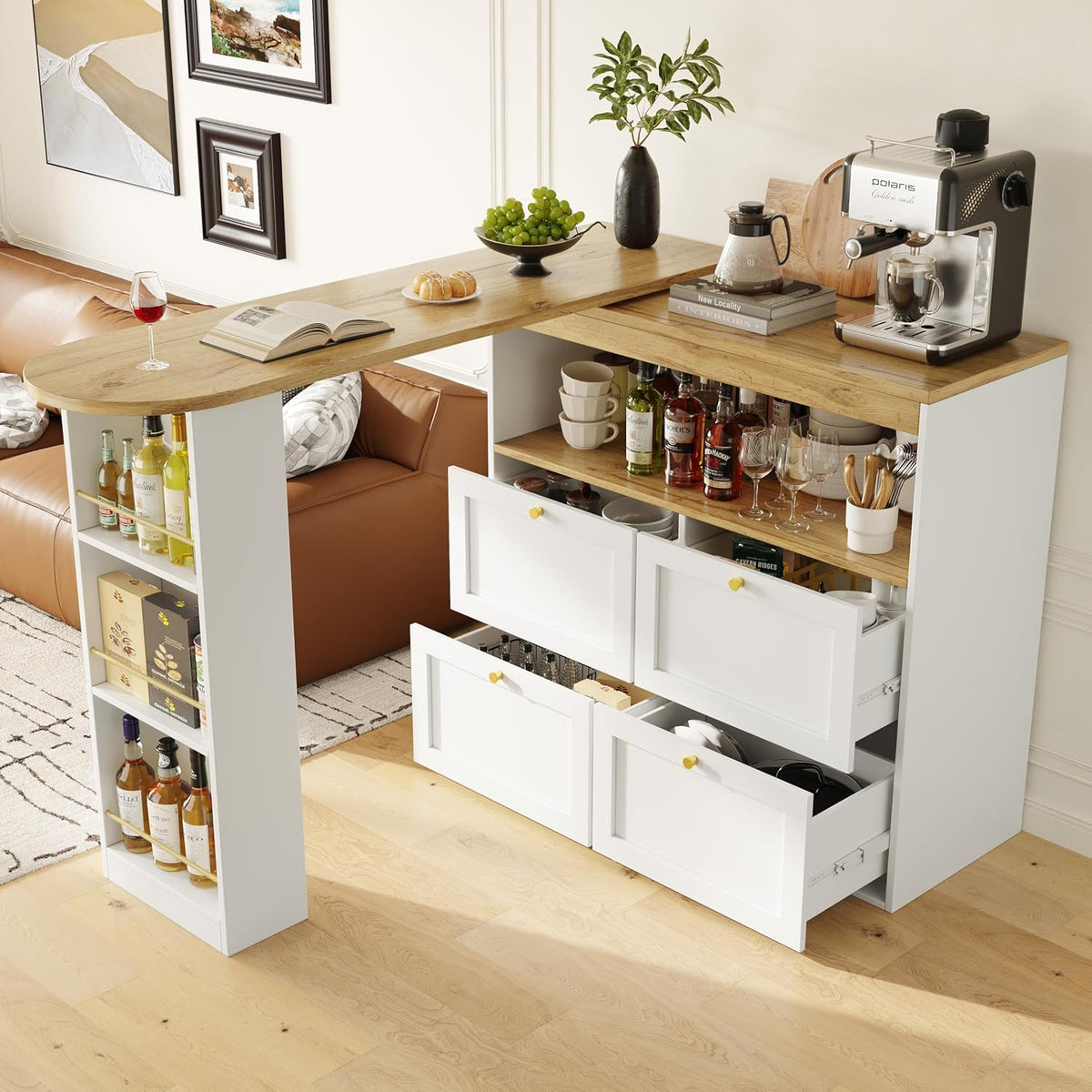 Sideboard 360° 4 drehbarer Bartisch mit Schubladen und offenen Ablagen Stehtisch Kücheninsel mit Stauraum, für Wohnzimmer, Esszimmer, Arbeitszimmer