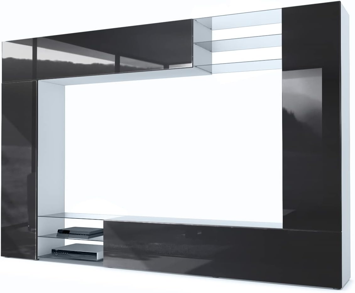 Vladon TV-Bänke & Lowboards, Wohnwand Mirage, Made in Germany, Anbauwand mit Rückwand mit 2 Türen, 2 Klappen und 6 offenen Glasablagen