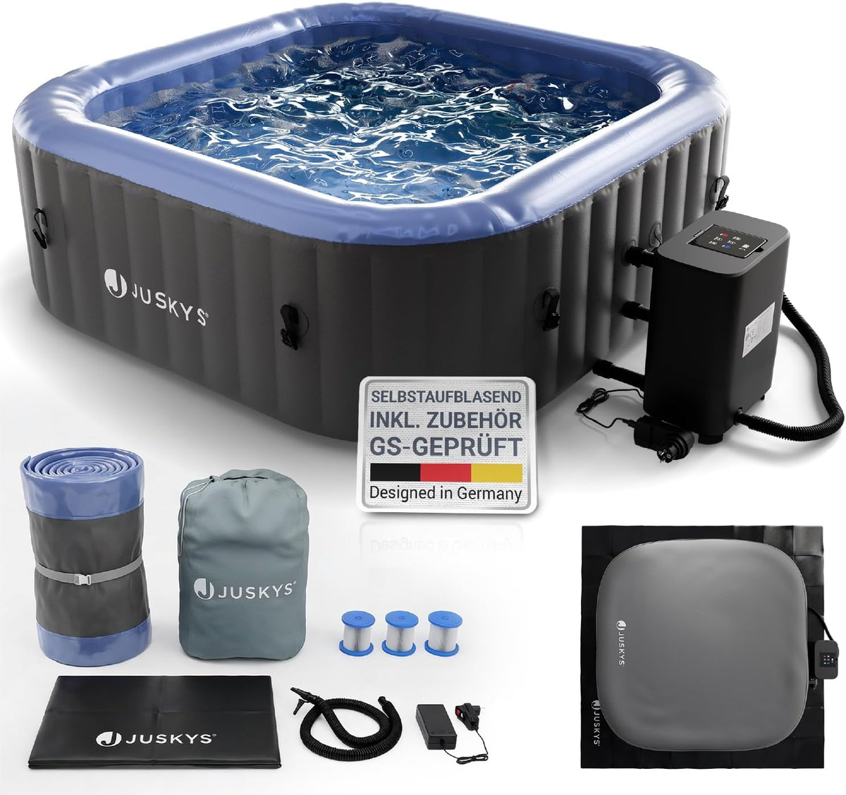 Juskys Whirlpool-Badewanne, ® Whirlpool SpaLuxe, Aufblasbar, Outdoor & Winterfest, 130 Sprudeldüsen, 3000W, PVC laminiert, Grau/Blau