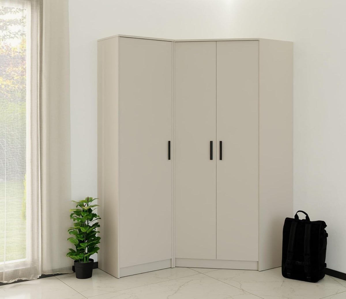 Kleiderschrank Eck, Set 43, Moderner 3-türiger Eckschrank 143 × 195 × 40cm für Schlafzimmer, Ankleidezimmer & Garderobe, Möbel graubeige Cashmere
