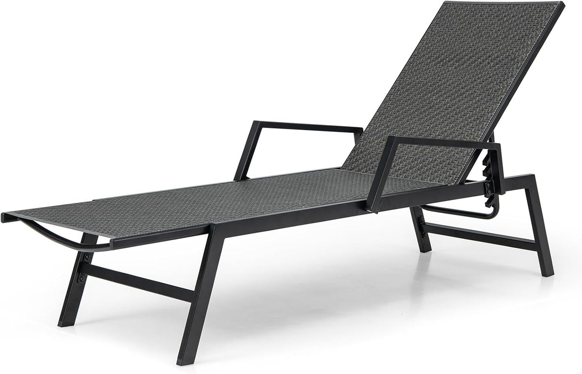 Liege Sonnen, Rattan, Gartenliege mit Verstellbarer Rückenlehne und Armlehnen, Terrassenliege bis 150 kg belastbar, Liegestuhl für Garten, Pool