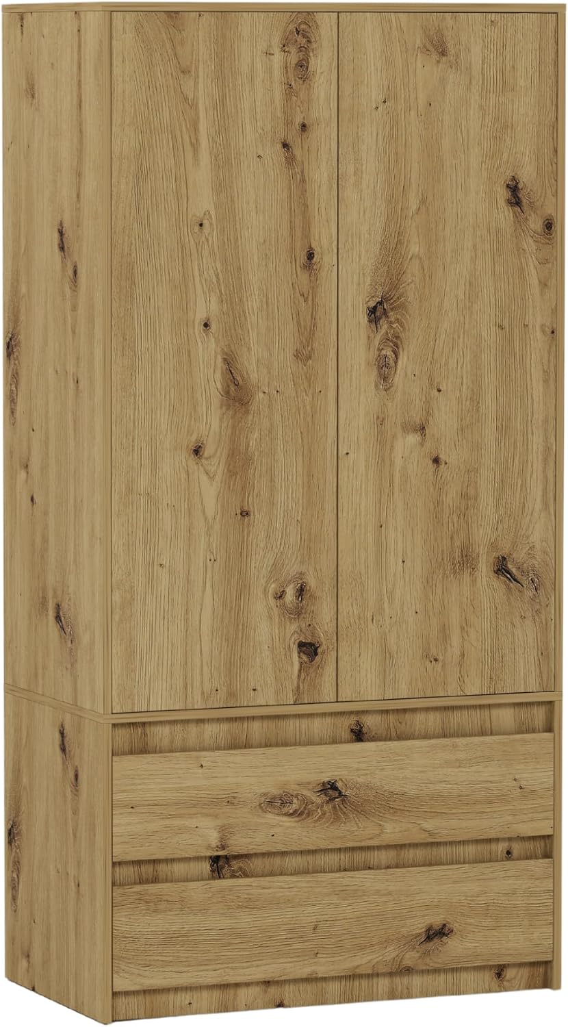 Kleiderschrank, Artisan Eiche 90 × 51 × 180 cm, Schrank mit 2 Türen, 4 Regalfächern & 2 Schubladen, modernes Design für Schlafzimmer