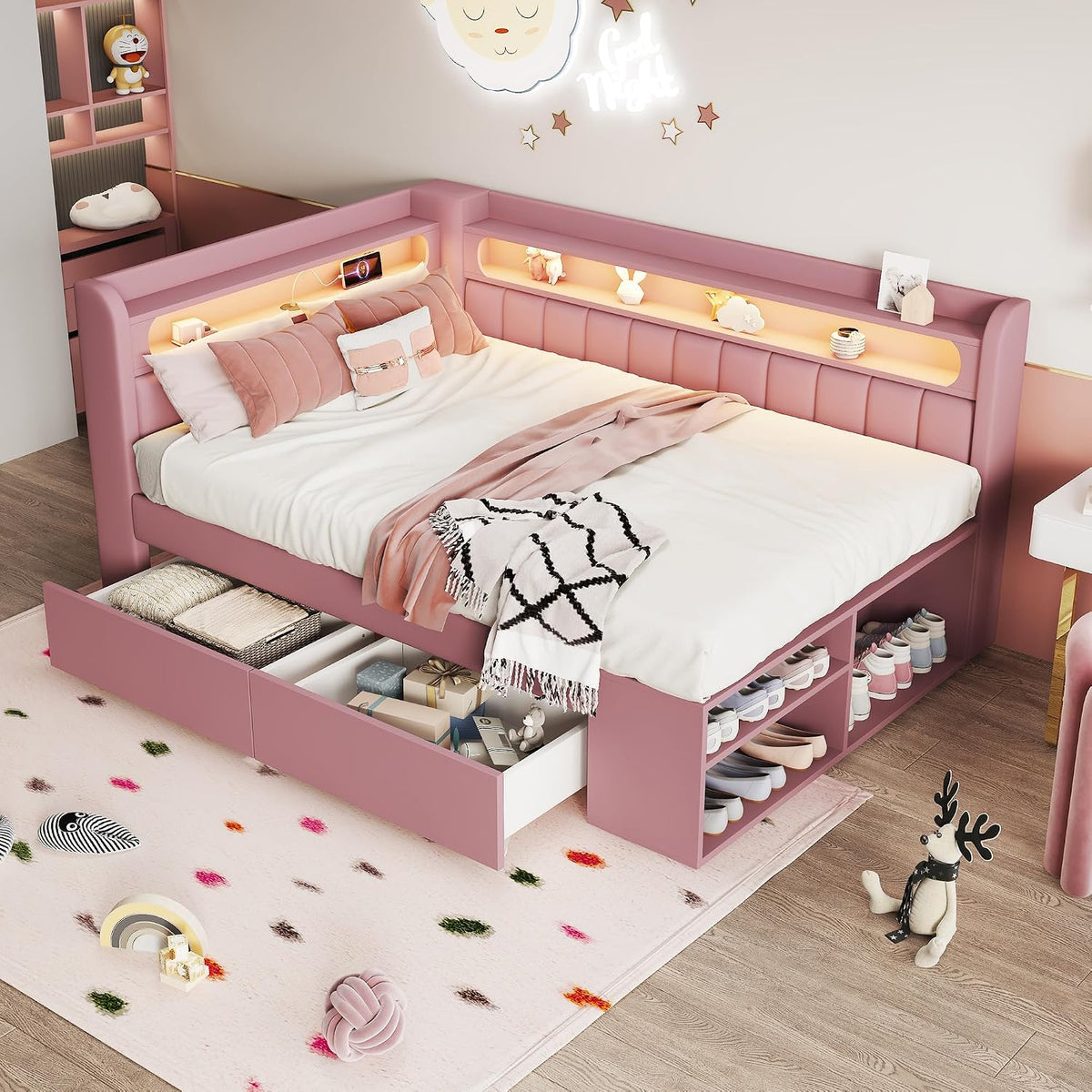 Kinderbett, 90 × 200 cm Tagesbett mit gepolstertem Kopfteil, LED-Ablagefach, Multifunktionsbett mit Schuhschrank, USB-Steckdose und 2 Schubladen