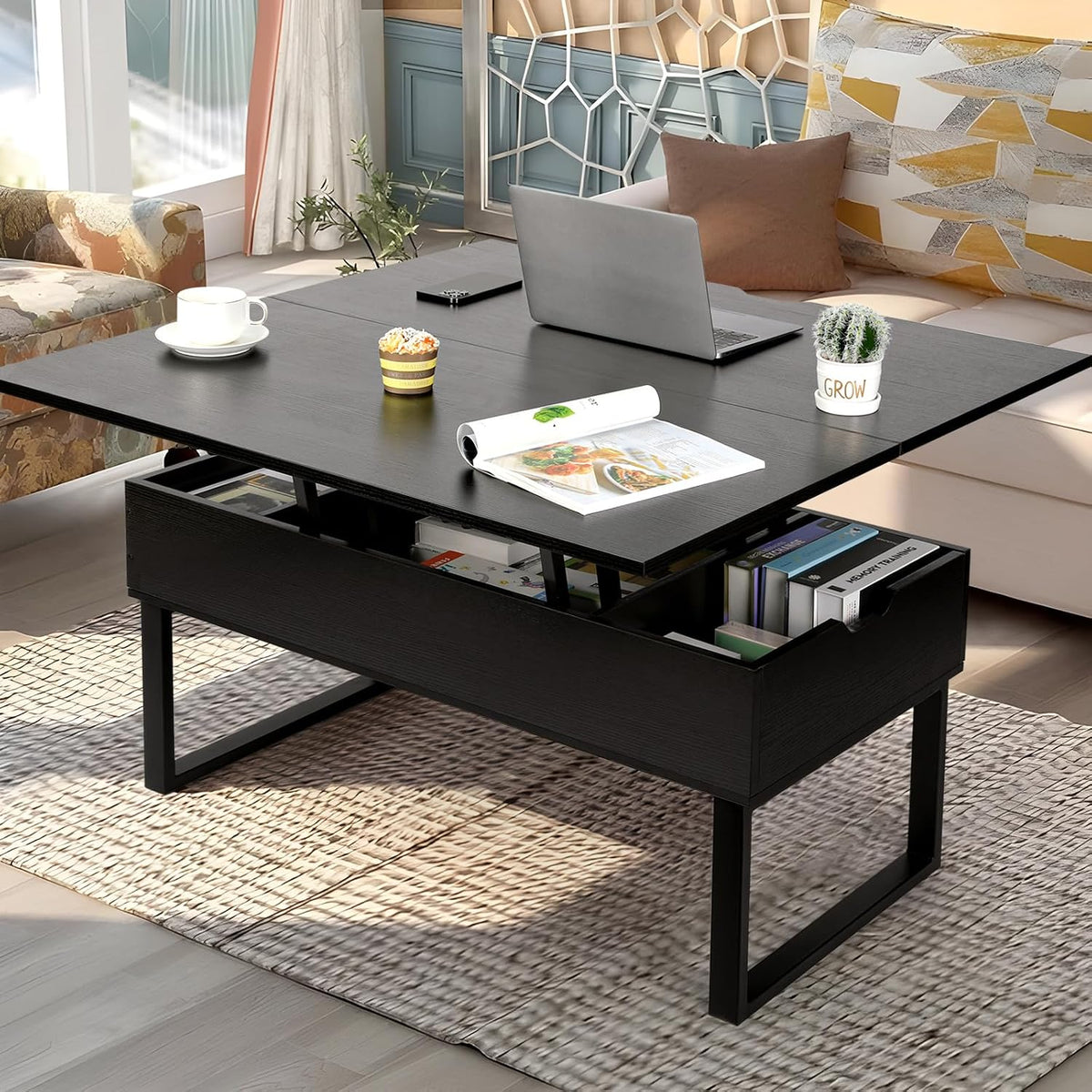 Couchtisch, Höhenverstellbar Wohnzimmertisch, Schwarz Holz, VOWNER
