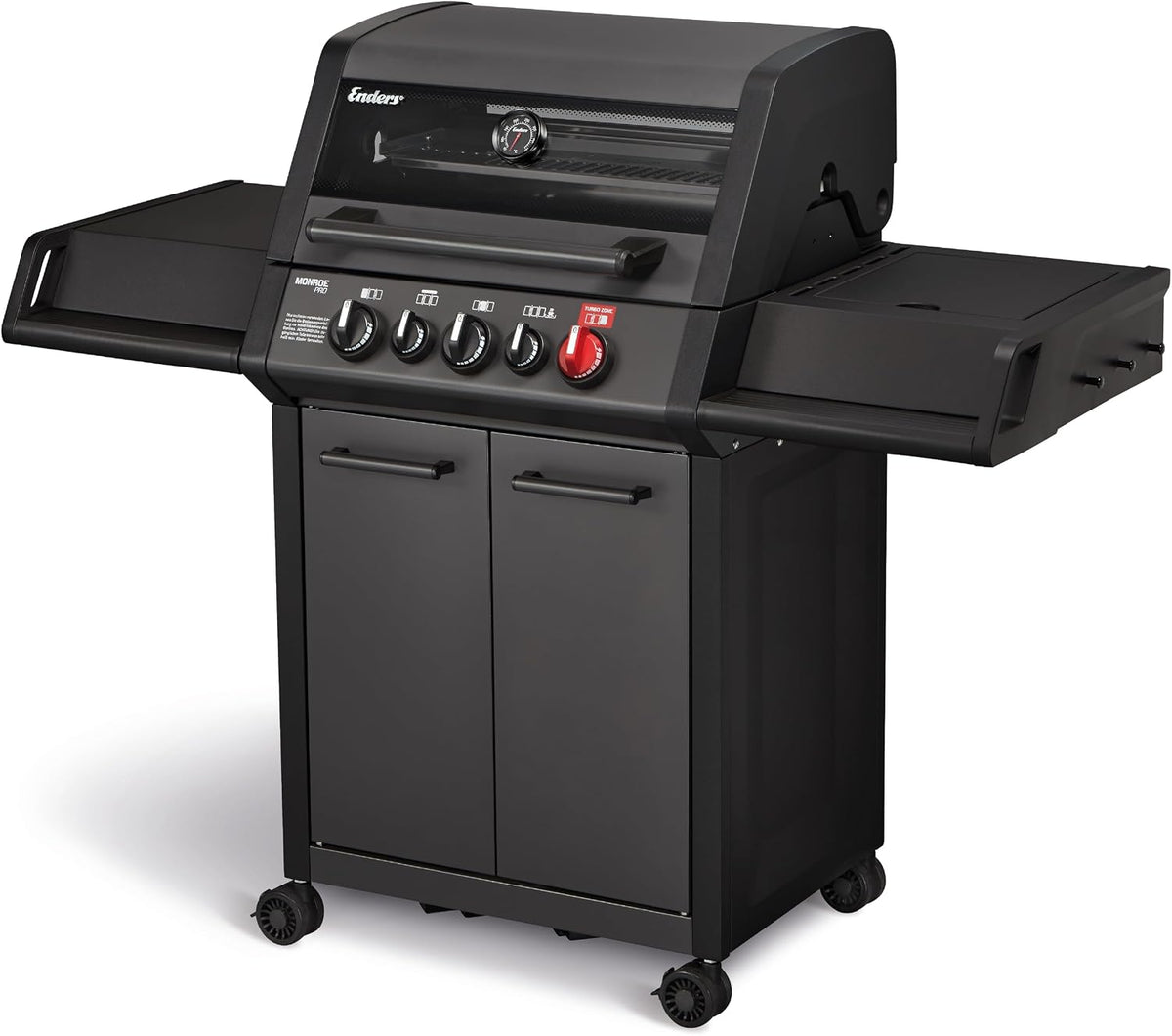 Enders ® Gasgrill, MONROE PRO 3 SIK TURBO SHADOW, 3-Edelstahlbrenner, Seitenkocher, Infrarot-Backburner, Sichtfenster, HEAT RANGE™, SWITCH GRID™