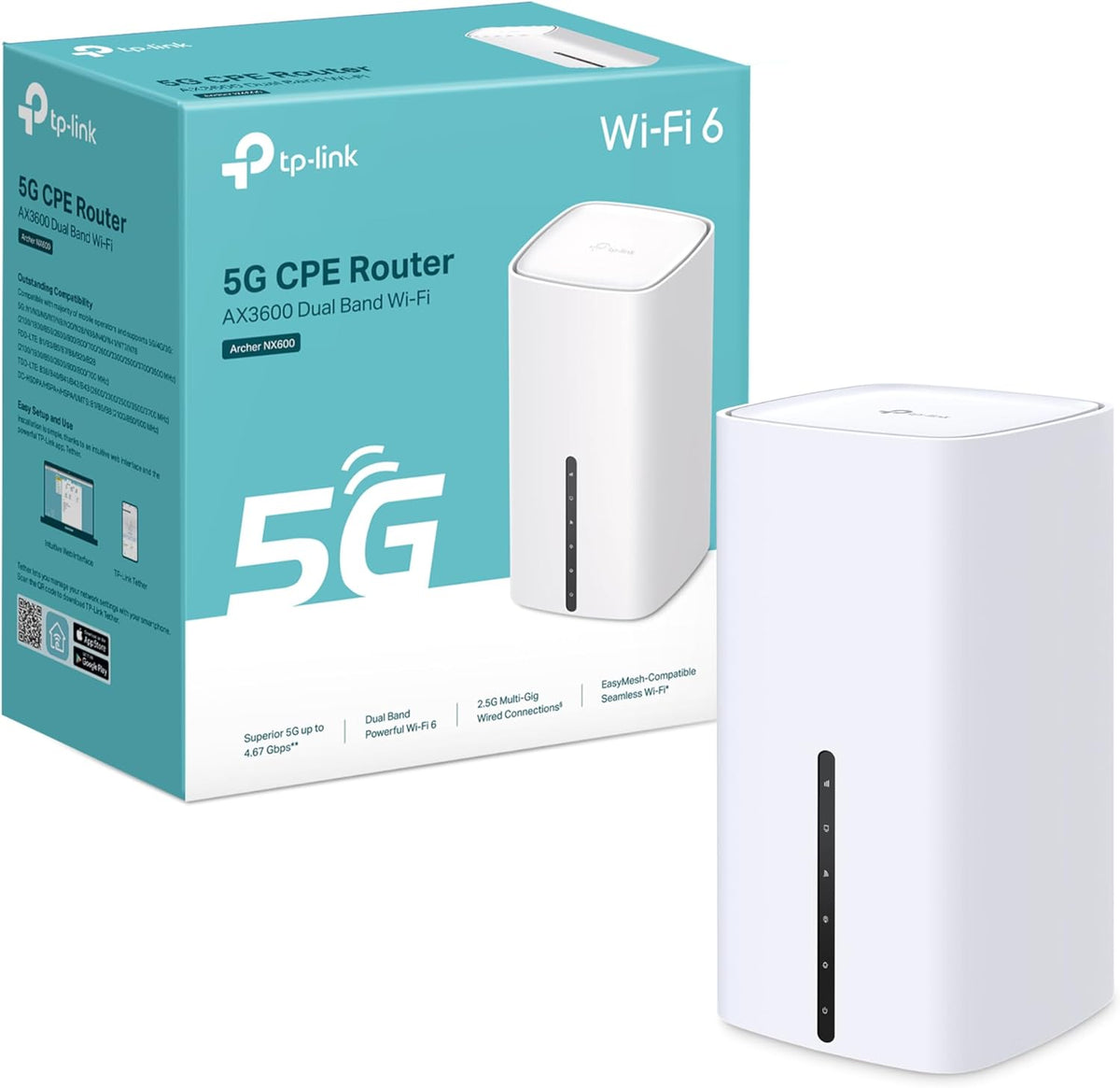 TP-Link NX600 5G LTE WLAN Archer Router, 5G Router SIM-Karte, A × 3600 Dualband Wi-Fi 6, 1 × 2, 5G-Port + 2 × 1G-Ports, Web- und APP-Verwaltung