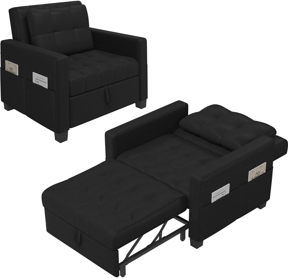 Sofa 3-in-1 Schlafsessel mit Bettfunktion Ausziehbares Schlaf, Umwandelbarer Stuhl Bett Verstellbarer Einzelsessel mit Seitentasche