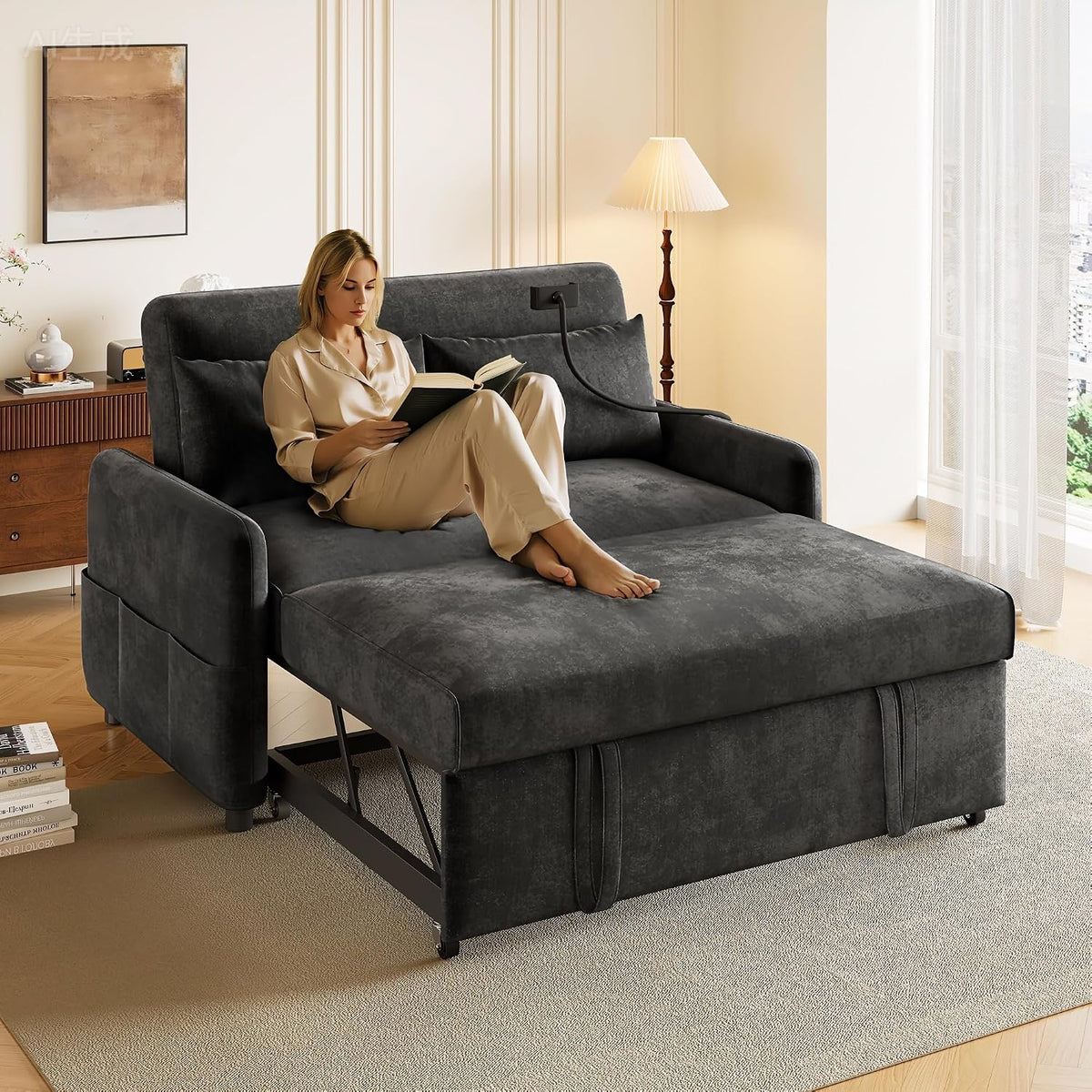 Sofa Modernes Doppel-Klapp, mit Schlaffunktion, Verstellbarer Rückenlehne, Handyhalter & USB, für Wohnzimmer, Schlafzimmer, Heimkino, Luscriate