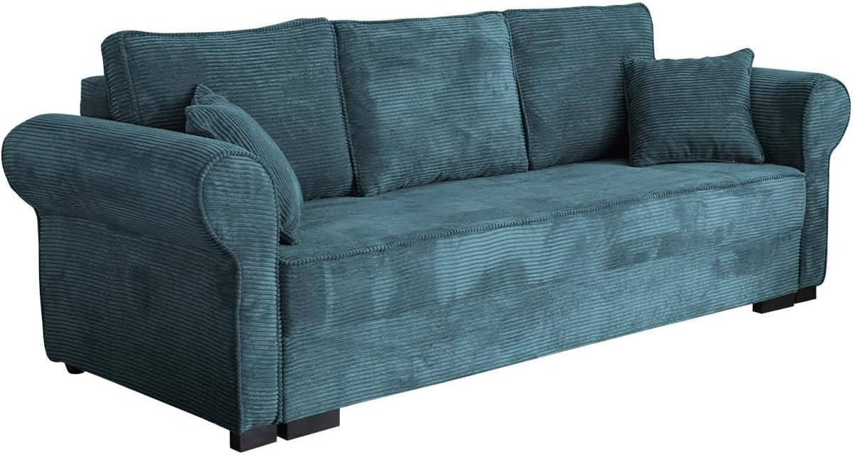 Sofa Schlaf, Olimpia Cord, Bettsofa mit abgerundete Armlehnen, Sofa mit Bettkasten und Schlaffunktion, Couchgarnitur, Schlafcouch, Sofagarnitur