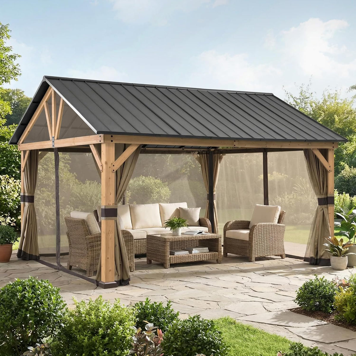 Pavillon 4x4 6 m Holz, aus Zedernholz wasserdicht, wind & schneefest, mit Satteldach aus Stahl, 14 cm starken Pfosten, inkl. Vorhängen & Moskitonetzen
