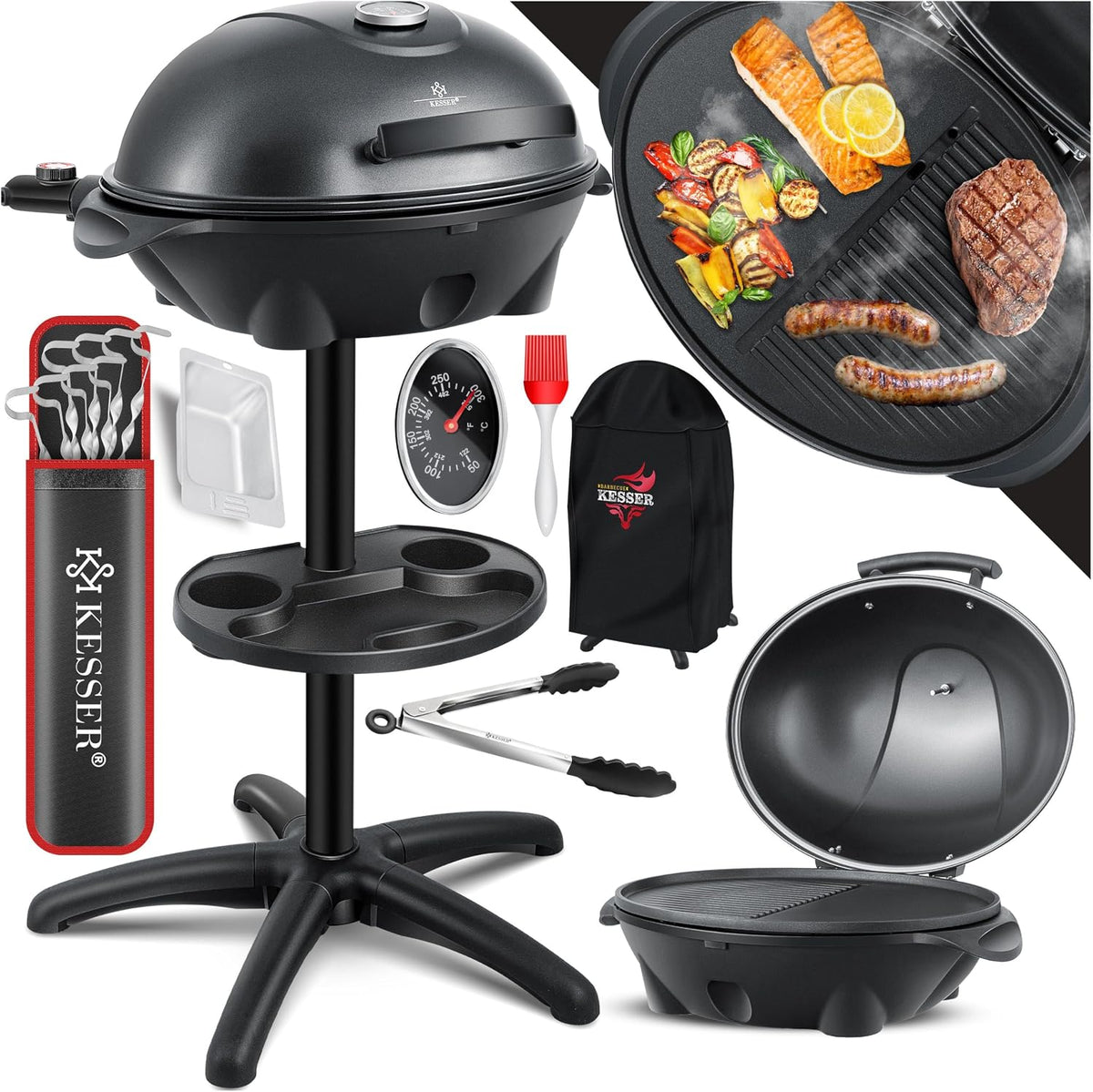 KESSER Elektrogrills, ® Elektrogrill 2in1 Tischgrill & Standgrill mit Deckel, 2400W Balkongrill elektrisch für draußen & drinnen