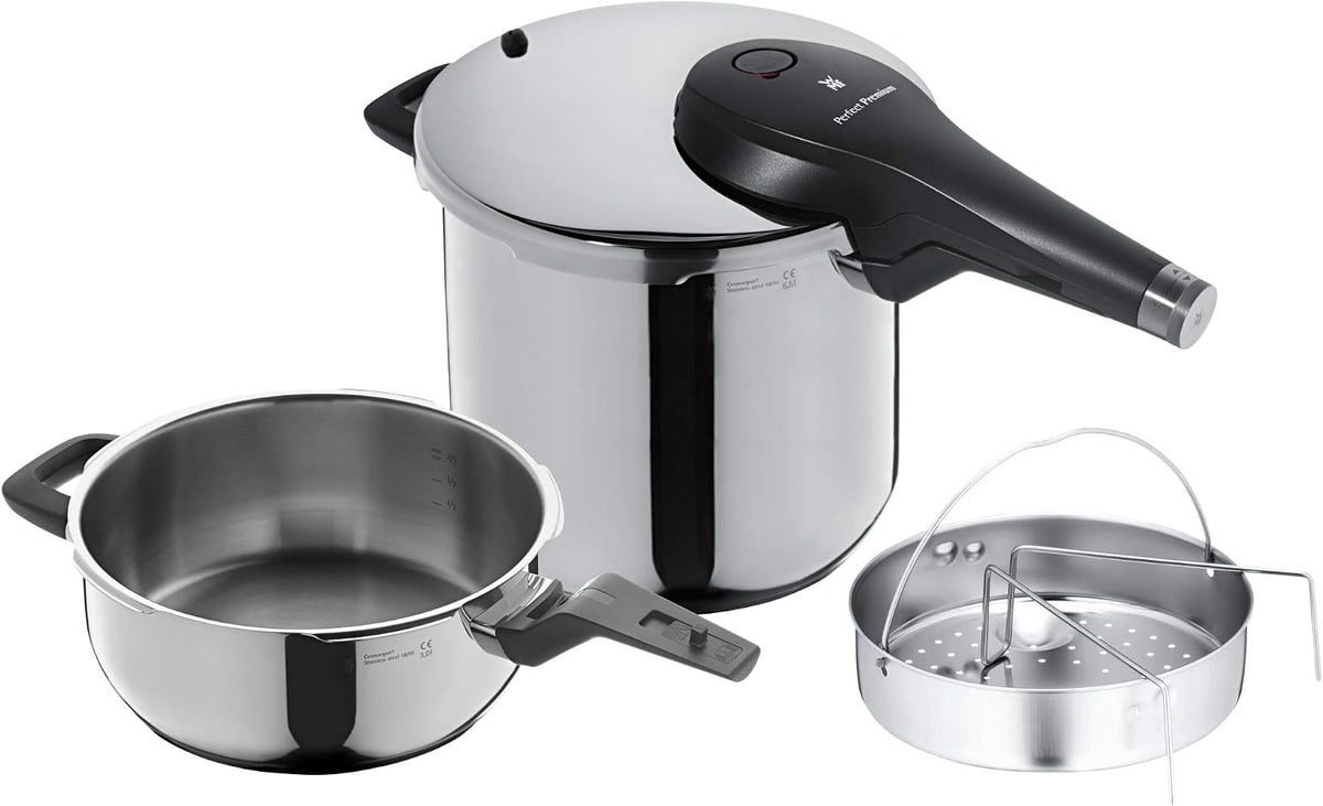 WMF Perfect Premium One Pot Schnellkochtopf, Set Induktion 3-teilig, Dampfkochtopf 6, 5l + 3l mit Einsatz-Set, Cromargan Edelstahl, 2 Kochstufen