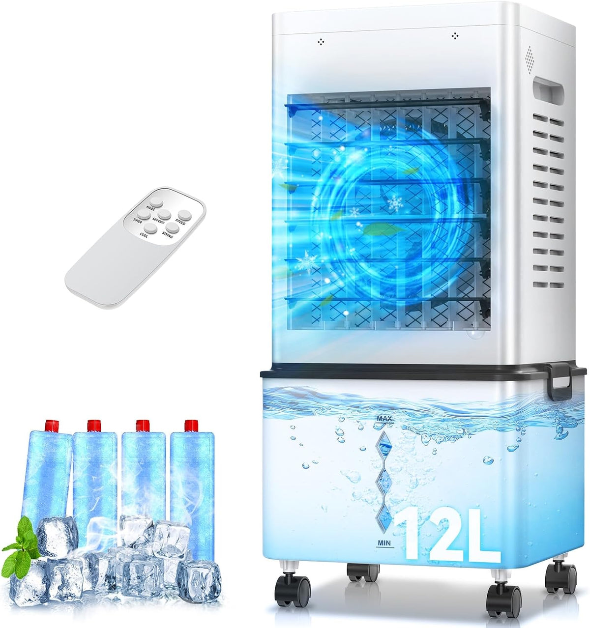 GLOWITE Mobile Klimaanlage Luftkühler, 12L Mobiles Klimagerät ohne Abluftschlauch, Verdunstungskühler mit Fernbedienung, 6 Stufen, 24H Timer