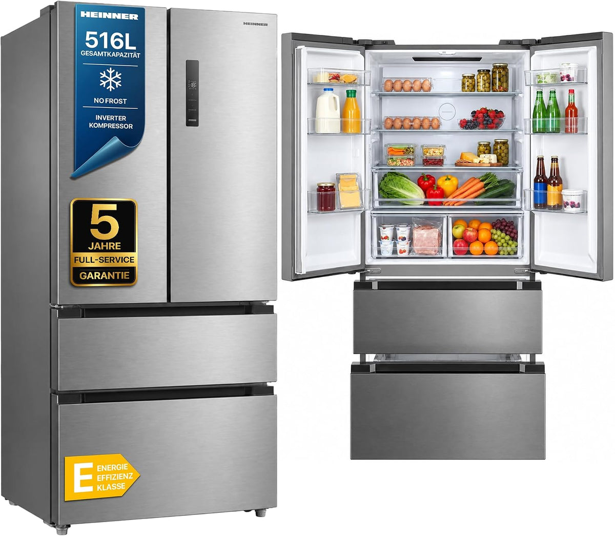 HEINNER Kühl-Gefrierkombination, HCFD-M516INVXE++ French‑Door Kühlschrank, 516L Gesamtvolumen, Full No‑Frost, Inverter‑Kompressor, LED‑Touch‑Display
