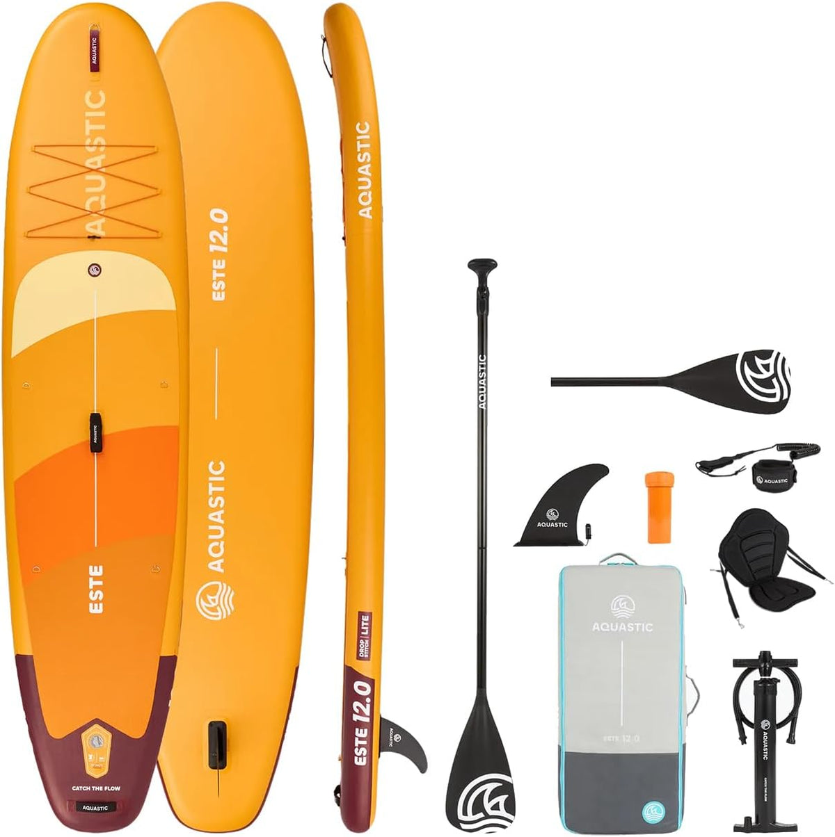 AQUASTIC SUP-Board, Drop Stitch Lite, 390L, 170kg, Sitz montierbar, leicht & stabil, Kajakfunktion, Eva Deck, 3 Griffe, Komplettset mit Paddel
