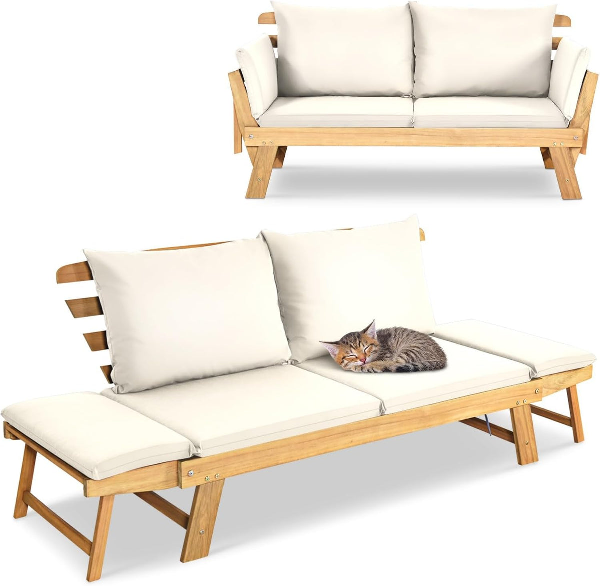 Sitzbank Gartenbank mit Liegefunktion Gartensofa mit klappbaren Seitenlehnen Balkonbank mit Auflagen, Outdoor aus Akazienholz, Loungesofa 3-Sitzer