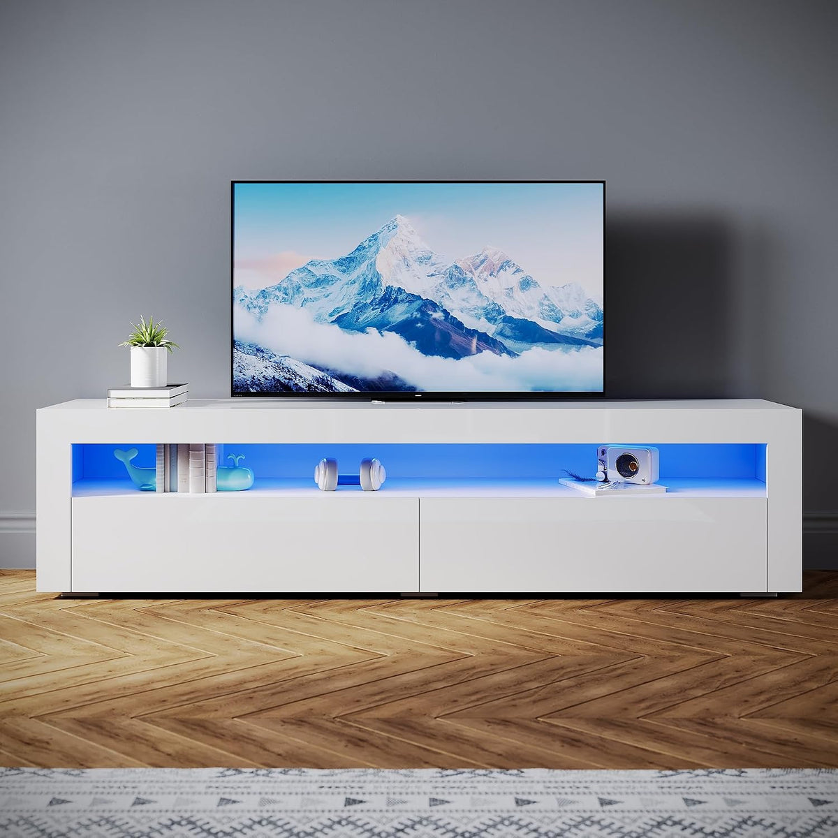 SONNI TV-Bänke & Lowboards, Lowboard mit LED (16 Farben), 180x40x45cm, 2 Türen, Hochglanz Weiß