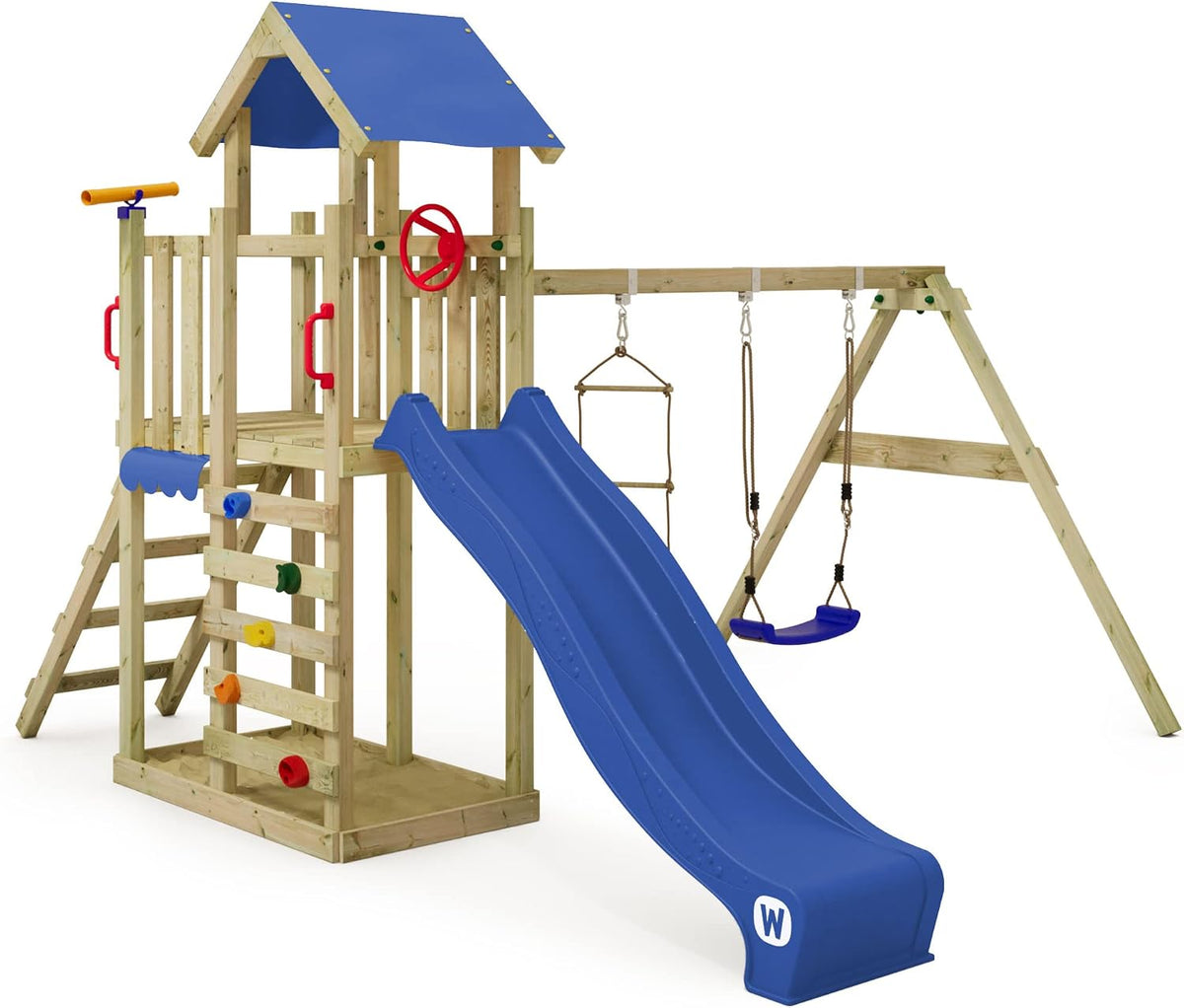 Wickey Klettergeräte & Schaukeln, Spielturm Klettergerüst MultiFlyer Light, Schaukel & Blauer Rutsche, Outdoor Kinder Kletterturm mit Sandkasten