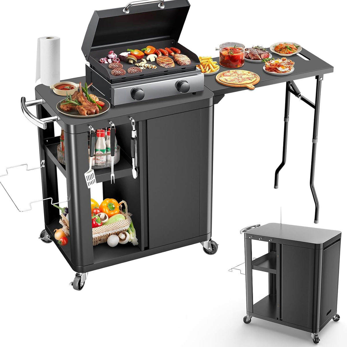 GFTIME Grillwagen, Grillschrank mit klappbarer Beistelltisch, Grilltisch Outdoorküche mit Haken, Aufbewahrungsregal und Schrank