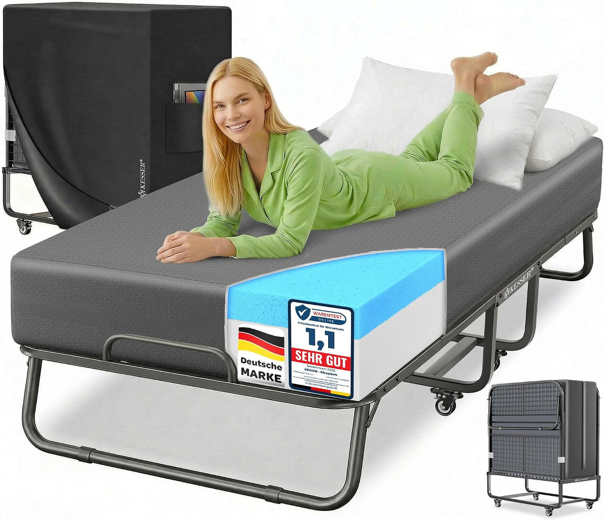 Bett ® Klapp, 200 × 90cm Gästebett inkl. Matratze aus Memory-Schaum & Rollen, KESSER