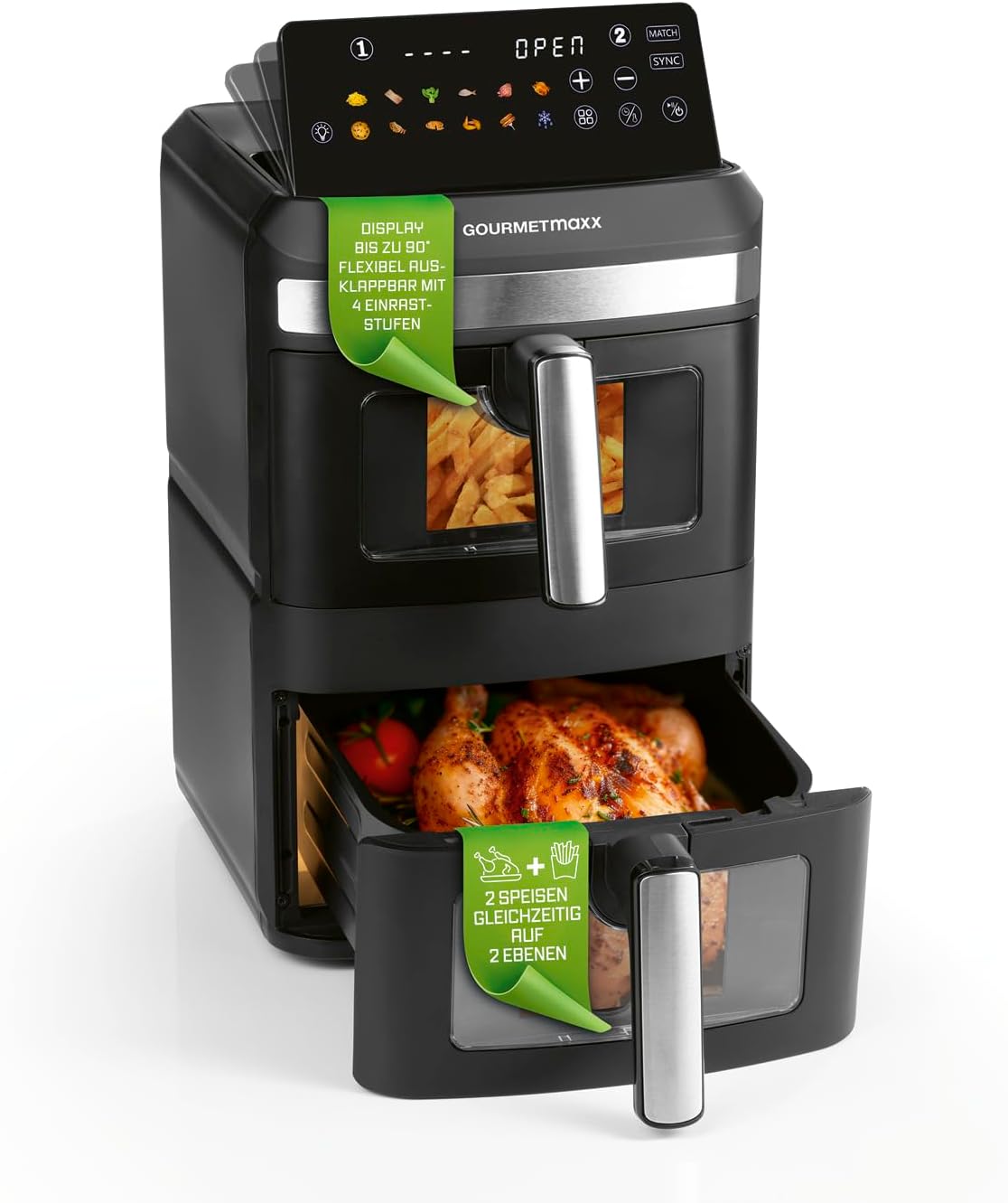 GOURMETmaxx XL FryUp vertikale Doppelkammer Heißluftfritteuse, mit Sichtfenster - 12 L
