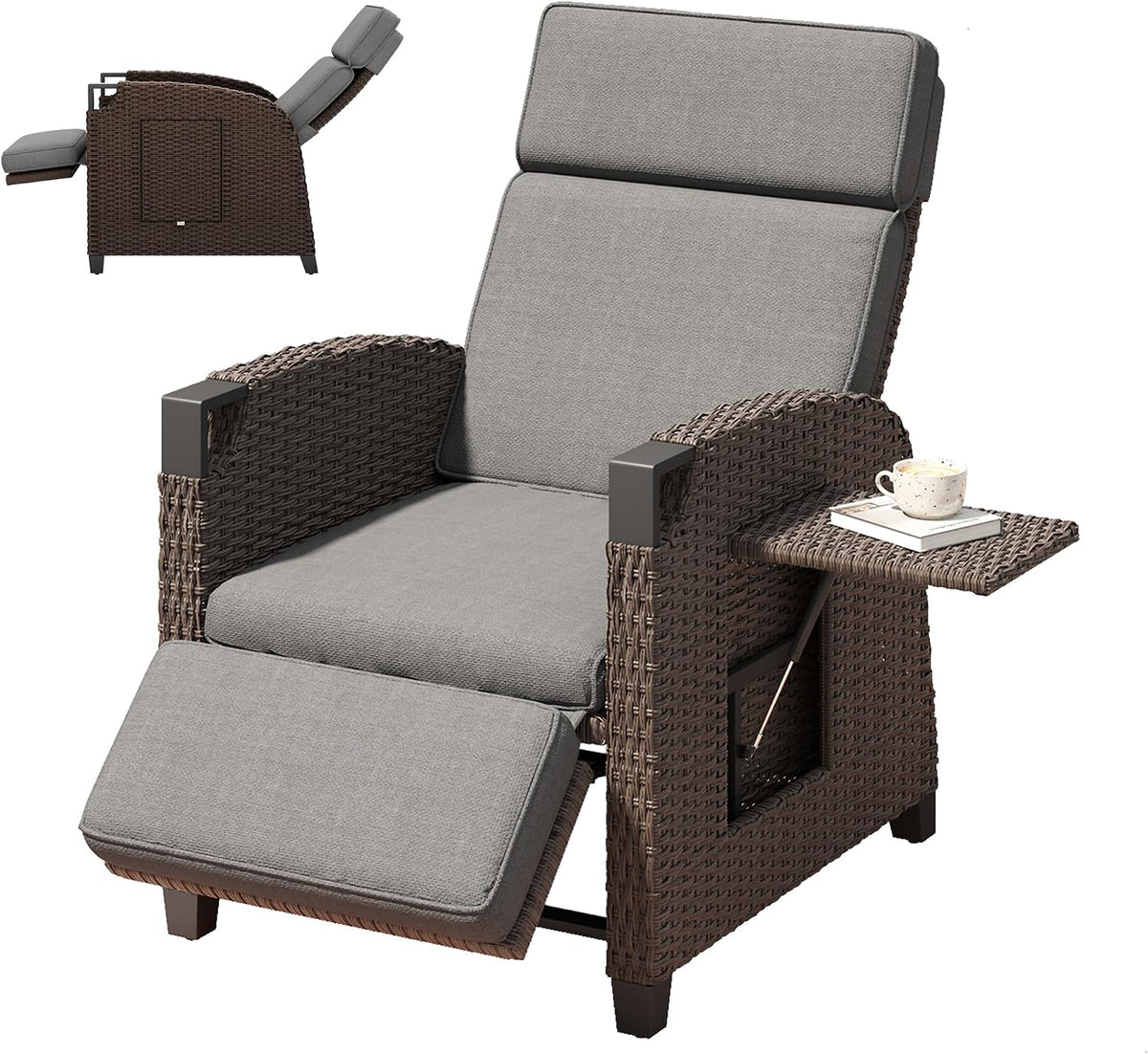 Liege Relax, Liegesessel, Rattan Sonnenliege mit Verstellbar Rückenlehne und Klapptisch, Outdoor Gartensessel Wetterfestes für Terrasse, Balkon