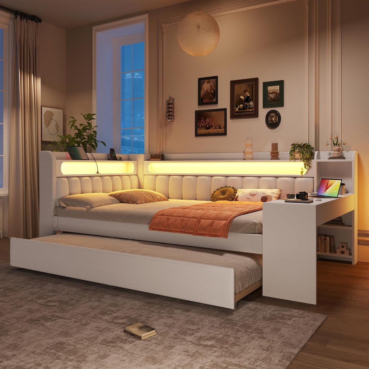 Bett Polster, Ausziehbar Schlafsofa 140 × 200 mit LED, USB-Anschlüssen, Schreibtisch, Tagesbett Ausziehbett mit Lattenrost