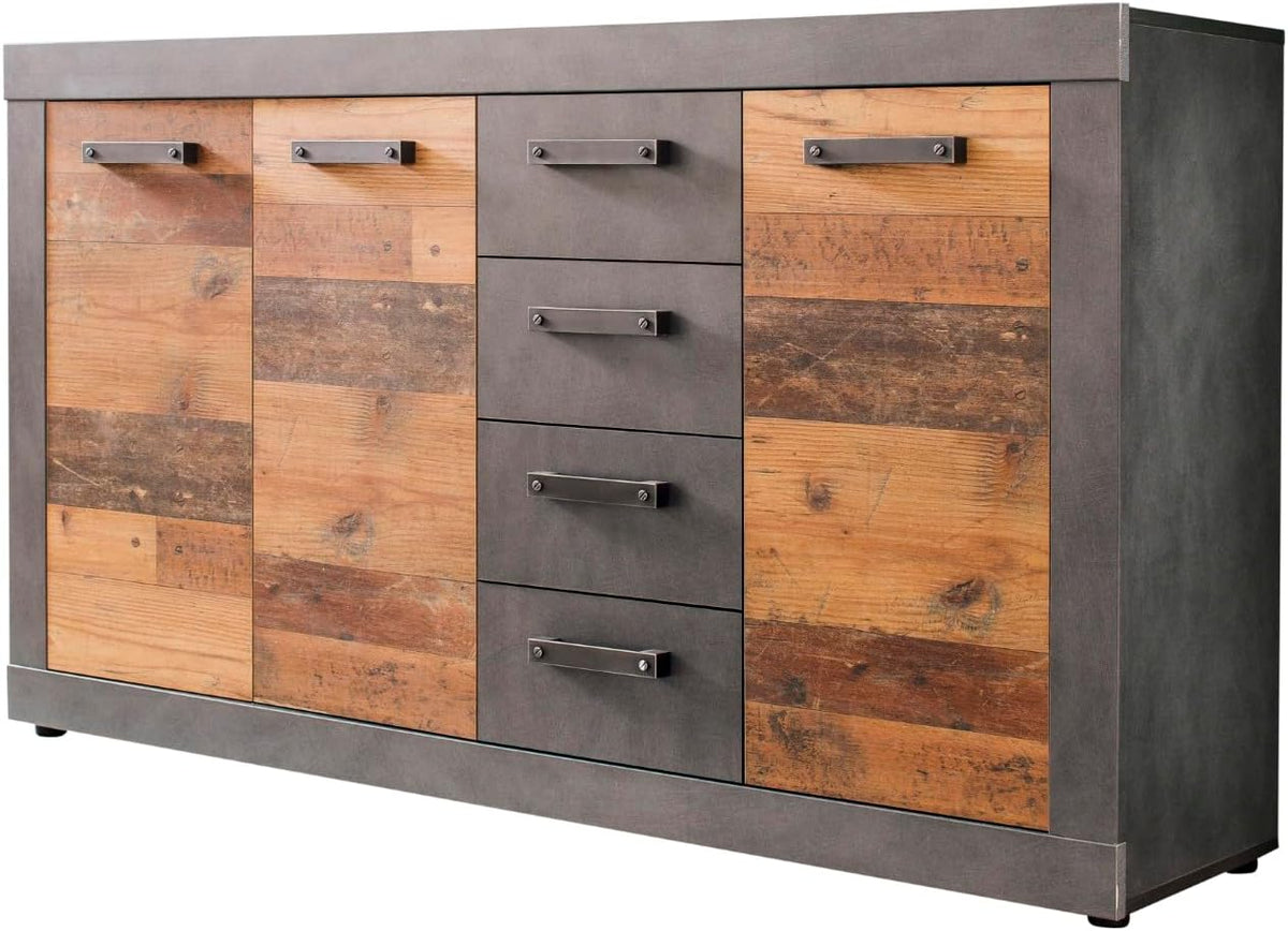 Kommode - Indy -, Graphit Grau/Alteiche - 4 Schubladen, 4 Fächer - (BxHxT) 151 × 86 × 37 cm - Sideboard in rustikaler Optik, trendteam smart living