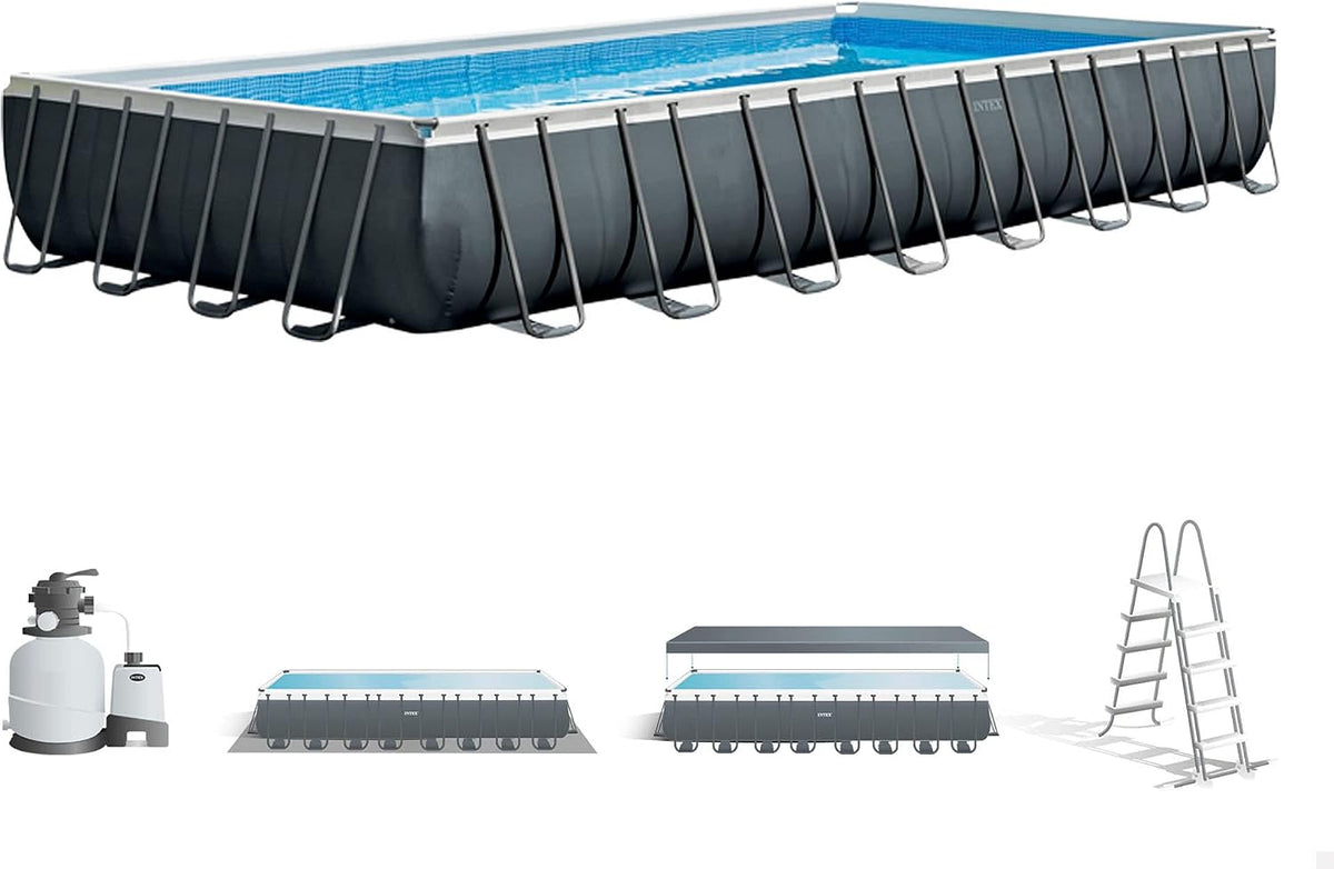 Intex Stahlrahmenpool, 26374NP, Aufstellpool Ultra XTR Frame Rechteckig, Filterpumpe 10500 L/h, Leiter, Bodenplane und Abdeckplane, 54368 L