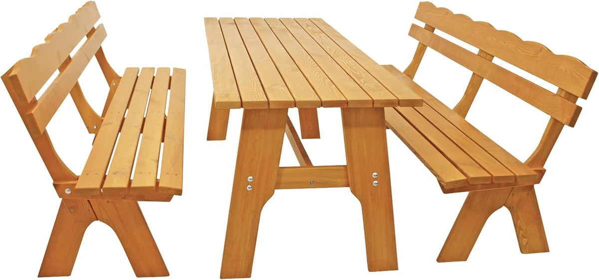DEGAMO Gartengarnitur Essgruppe, Freital XXL 3-teilig 200cm, 2X Bank 200cm und 1x Tisch 72 × 200cm, Massive Kiefer hell lackiert, Outdoor