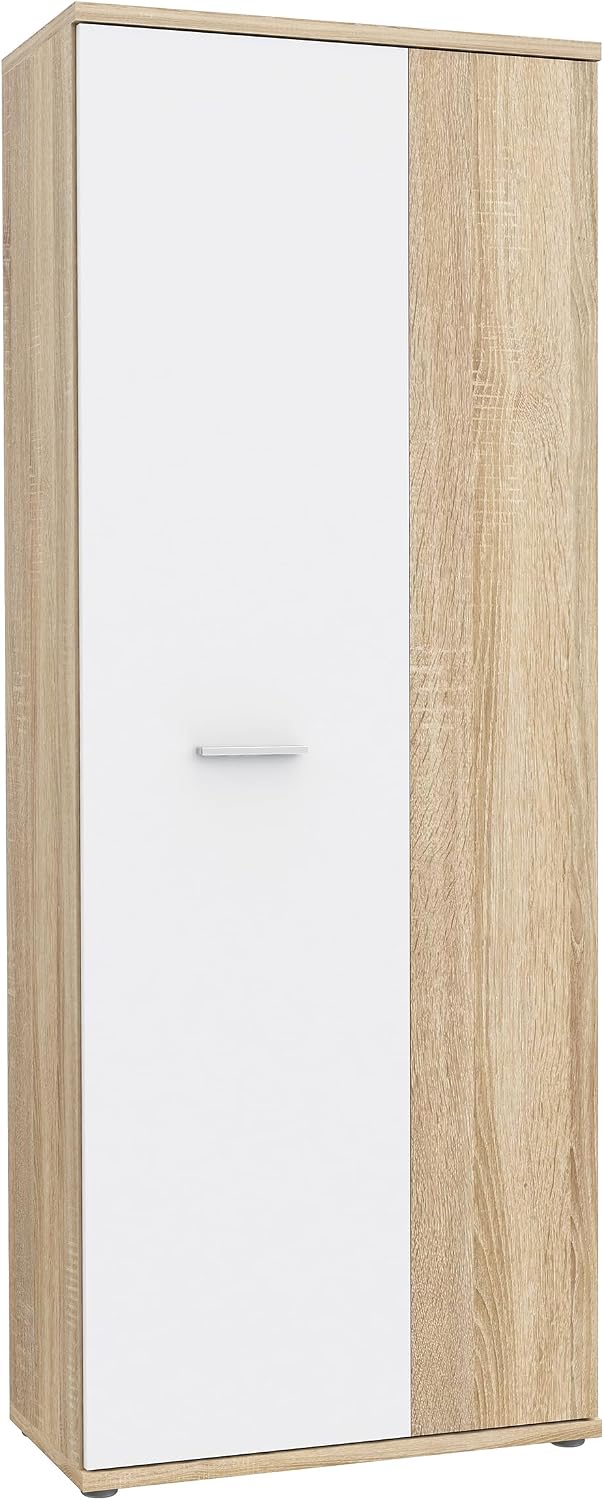 Schuhschrank NET106 70 Schrank, Garderobenschrank, Abstellraum, Drehtürenschrank, 2-türig mit Einlegeböden, Weiß mit Holzdekor: Sonoma Eiche
