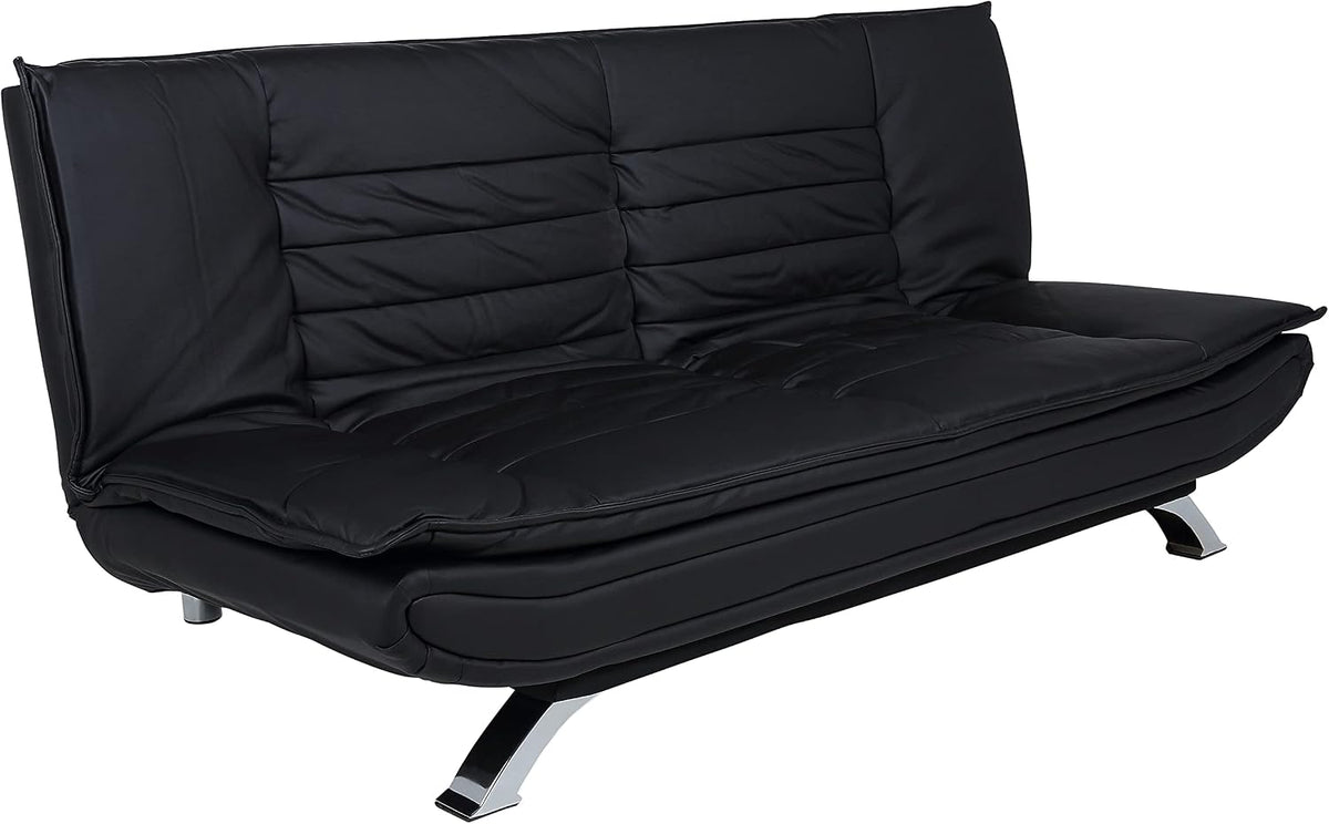 Sofa Jasper Bettcouch Schwarzes Kunstleder Schlaf, mit 3 Liegepositionen, Moderner 3-Sitzer Ohne Armlehne, Gepolstert mit verchromten Beinen