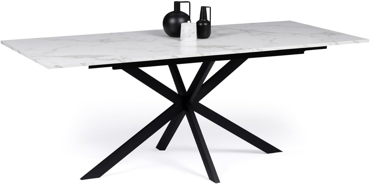 Esstisch, - Table à Manger extensible Rectangle ALIX 6-10 personnes pied araignée métal Noir Plateau Effet marbre Blanc Alaska 160-200 cm, IDMarket