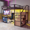 Bett Metall-Hoch, 140 × 200 cm, mit LED-APP-Band, Leiter-Aufbewahrung und offenem Schrank, Stauraum unter dem Bett, für Kinder und Jugendliche