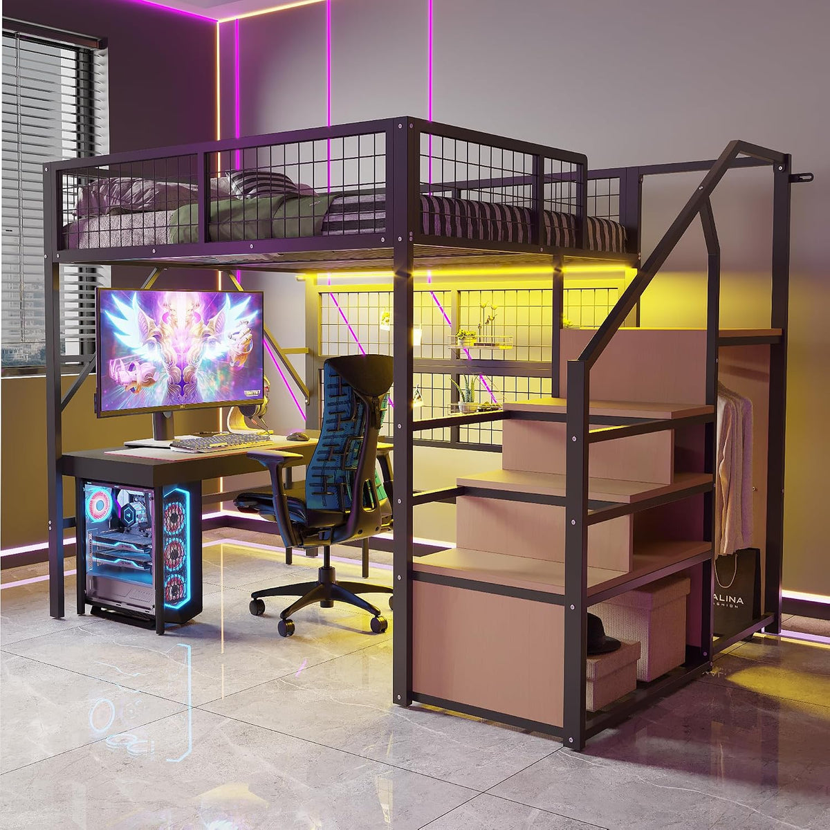 Bett Metall-Hoch, 140 × 200 cm, mit LED-APP-Band, Leiter-Aufbewahrung und offenem Schrank, Stauraum unter dem Bett, für Kinder und Jugendliche