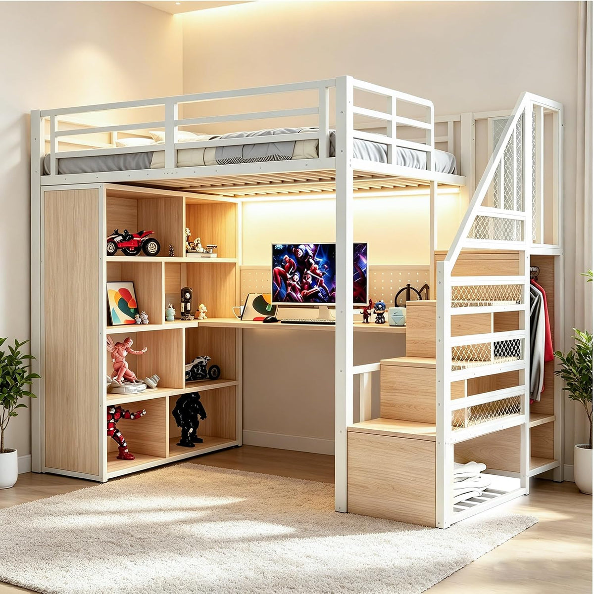 Bett Metall-Hoch, 90 × 200 cm, mit Schreibtisch, Kleiderschrank und Stauraum, Treppe mit Staufächern, Steckdosen, LED-Lichtleiste