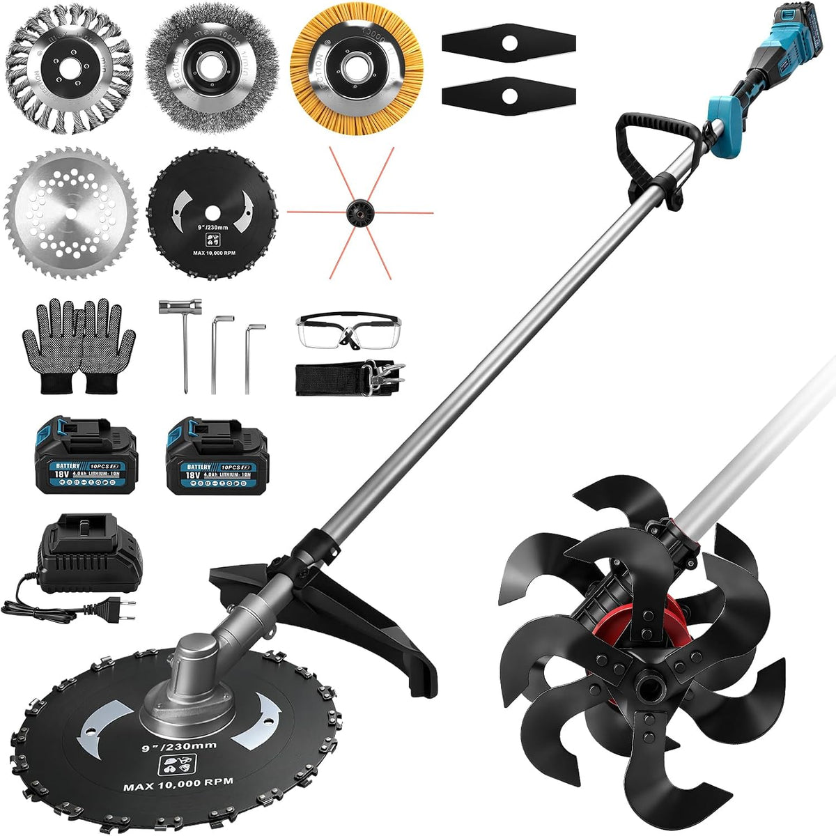 Vrietina Motorhacken, 2 In 1 Akku Bodenhacke und Rasentrimmer mit 2 x 4Ah Akkus