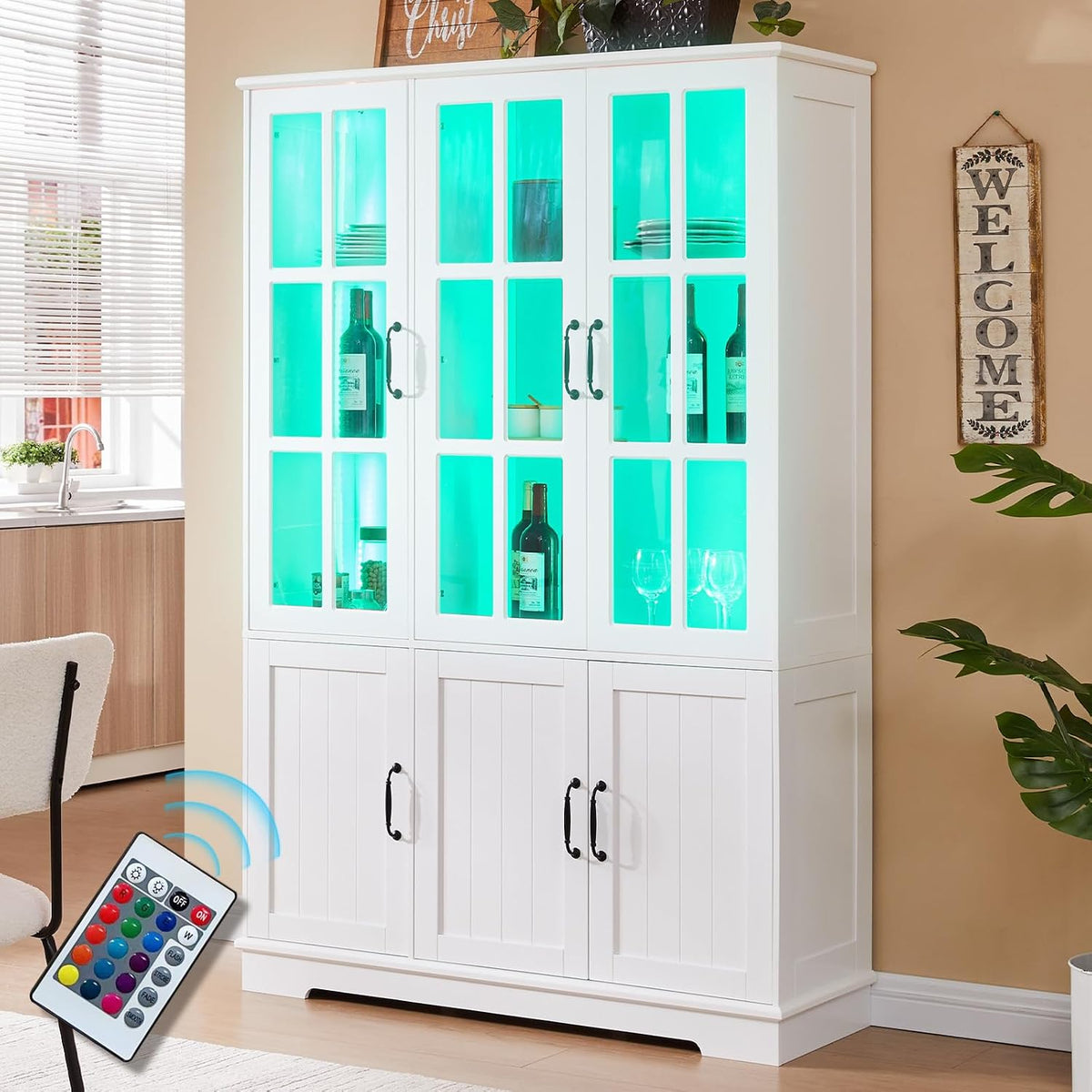 LUXOAK Midi- & Hochschränke, 180 cm Buffetschrank mit LED, 6 Türen, Vitrinenschrank, Weiß