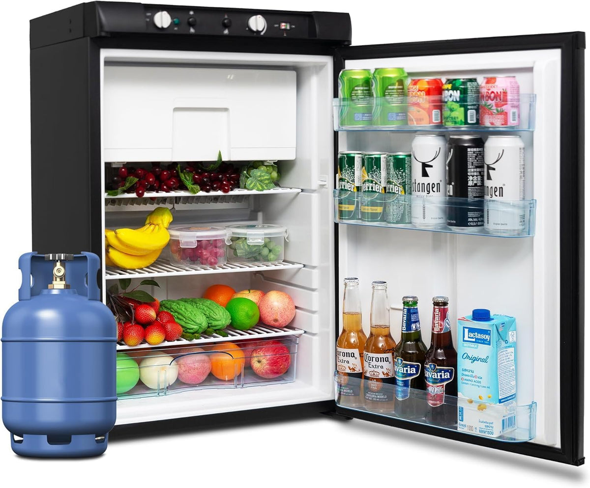 Mini-Kühlschrank, Gas Kühlschrank mit Gefrierfach, 100L Kühlschrank 12V 230V Gas, für Wohnmobil, Wohnwagen, Haus, Ferienwohnung, Mobilheim, Schwarz