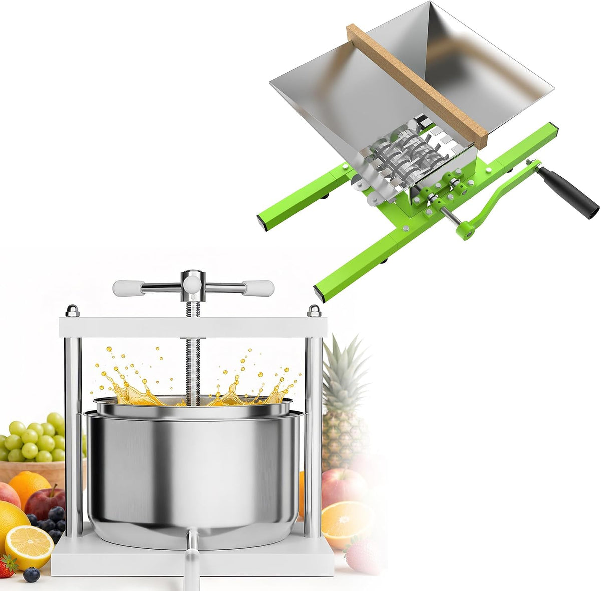 AufuN Saft- & Zitruspressen, Obstpresse 12L Manuell Saftpresse Edelstahl Weinpresse + 7L Obstmühle