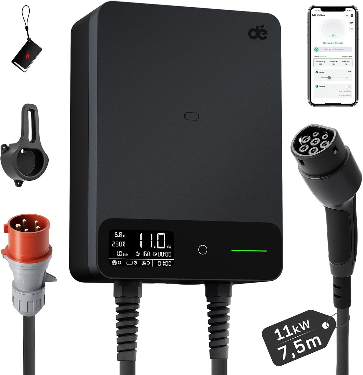 dé 11kW APP RFID 7 5m §14a EV Wallbox mit EnWG Ladestation, Schwarz