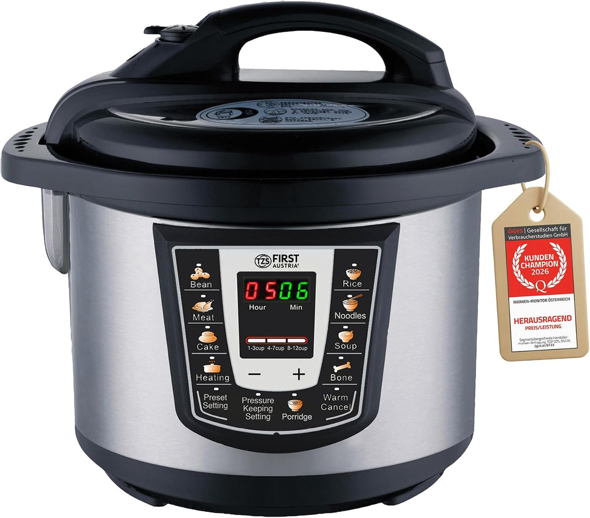 TZS First Austria 6L 9 - Elektro Schnellkochtopf mit Auto-Programmen - Multikocher, 1000W Multicooker als Reiskocher, Dampfgarer